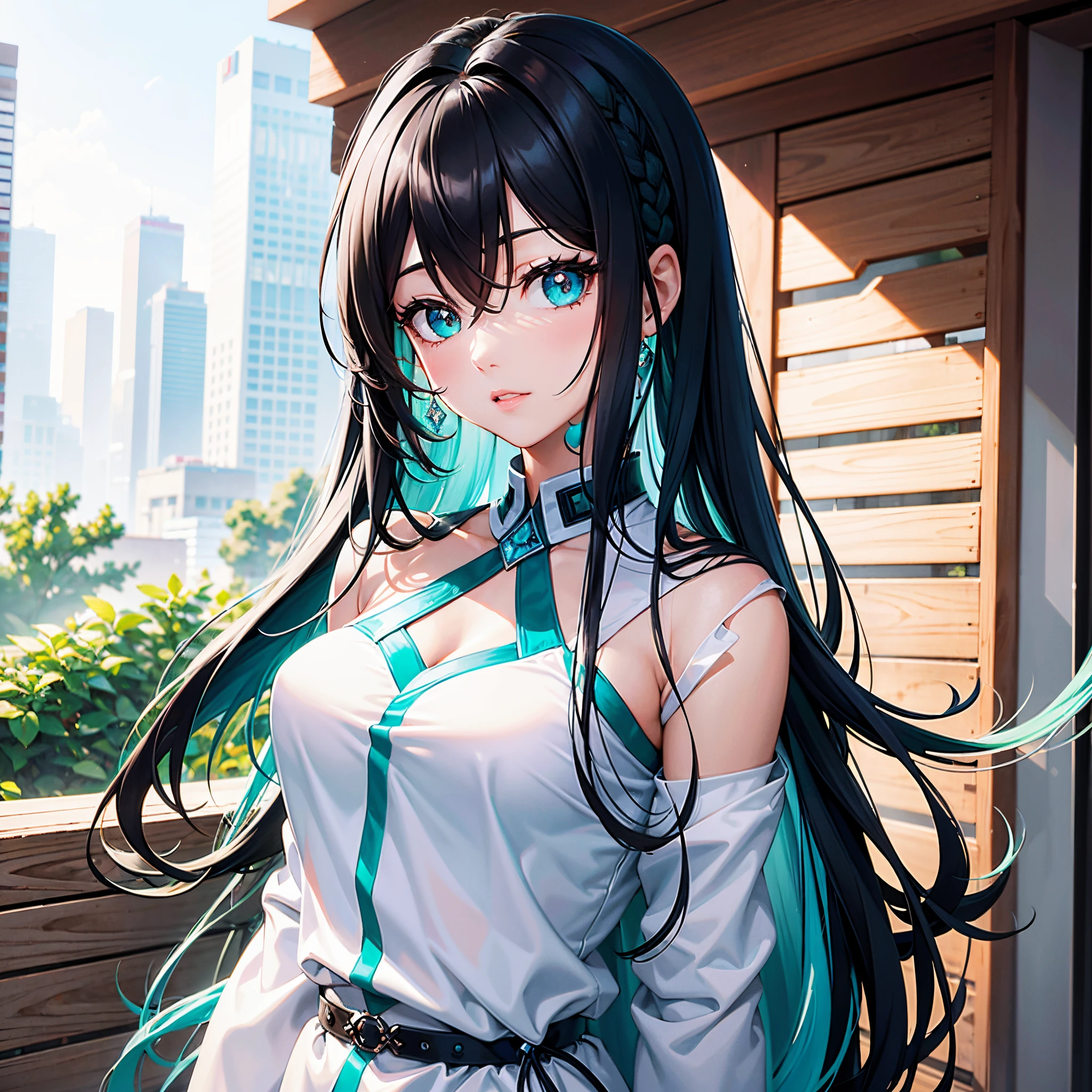 tmasterpiece，Best quality，extremely detaild的 CG unified 8k wallpapers，During the day， Fair skin，long eyelasher, Long hair and waist，black hair color hair, Gradient hair, The ends of the hair are blue-green，Turquoise eyes，hair straight, a black trench coat，Beautiful long neck, rough numbers，the street，Upper part of the body，Highest image quality，Extremely beautiful，gem-like eyes