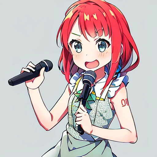 vocaloid, A  girl, One, redhead hair, quiff, square, White Skin Skin, freckles, gray-green eyes, Small stature, whitebackground, Microphone in hand