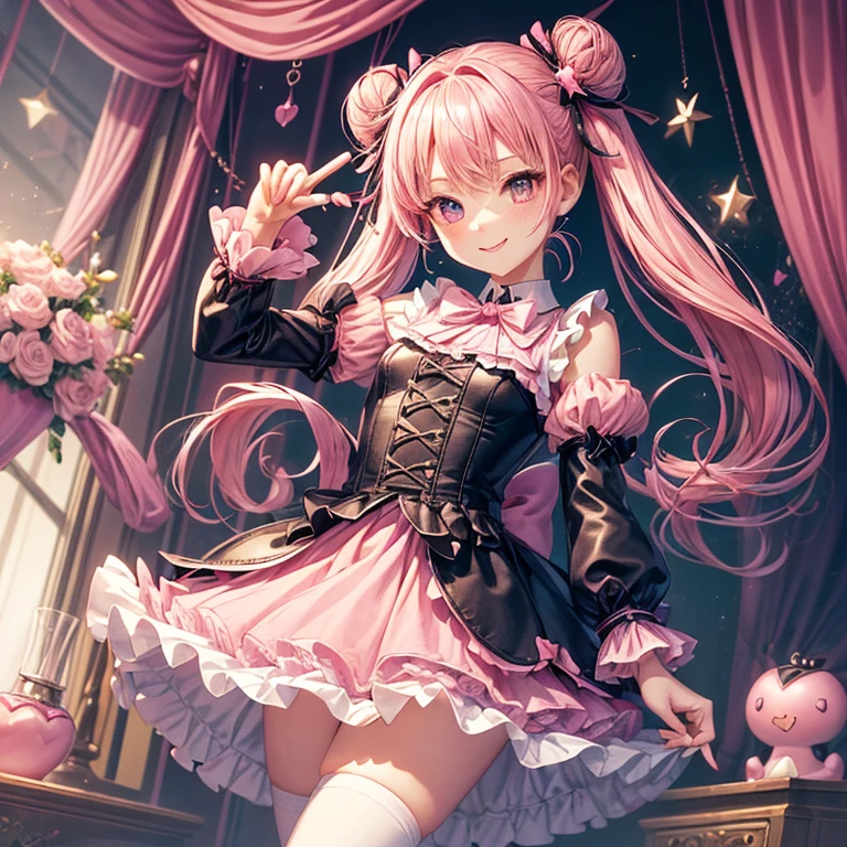 master piece , Best Quality,Wallpaper 8k CG, hyper quality, The best ,1girl in,Solo,Seductive smile,
2bun hairstyle,(Peplum jacket)(Peplum skirt)
Whole body, Girls Front, focus on girl, Posing, Cute face, lovely big eyes, normal hands, flat chest, zettai ryouiki, long boots,
(((( Pink Kawaii Room )))),,((((Pink Gothic Room)))),(((Marchen ,buttoning,candy,heart item,bow ribbon,star item, Small window))),((Miscellaneous goods are placed:1.5)),dressers,antimacassar