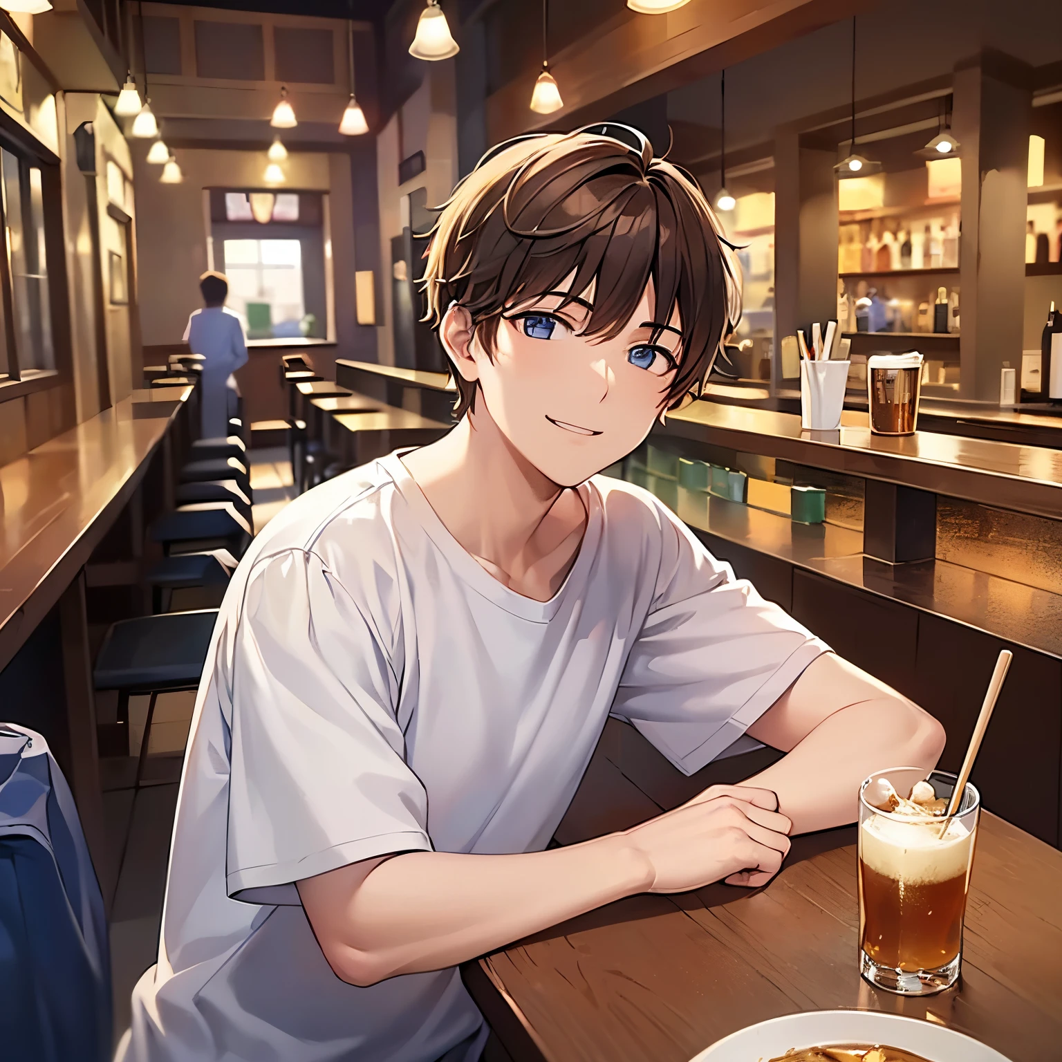masterpiece、hightquality、25 year old man with short brown hair and blue eyes、Like a cartoon in Japan、wearing white t-shirts、(Alone:1.5)、(Modestly smiling expression:1.1)、(Only the upper body is shown.:1.3)、(up of face:1.1)、Hands raised、The background is the interior of a pub at night.、Eating、Bold composition、