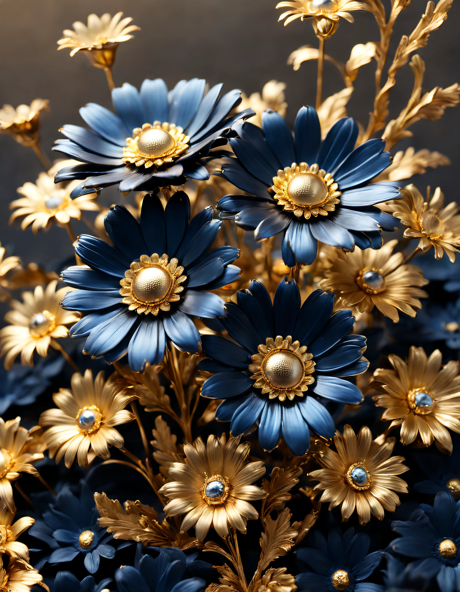 (Daisy made of titanium）, Each metallic daisy flower has cascading petals， ，gilded，Rich metallic texture，they are dark blue，Like the night sky and the deep sea，Has an attractive metallic luster，leaves made of black gold，The edges of the petals are brushed metal,  golden daisy, flowers and gold, Gorgeous flowers,intricate flowers, Messy golden leaf flowers, 16k,Rococo elements, Capturing light and shadow，Give people a kind of tenacious growth、Indomitable spirit background：A desert，