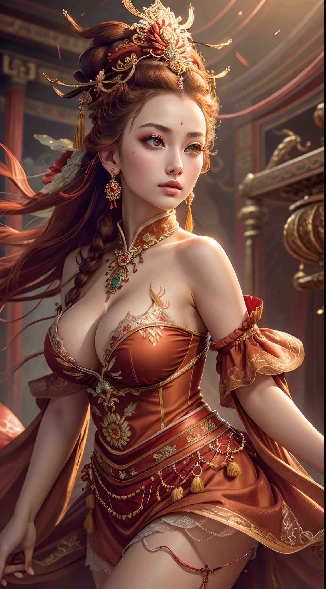 Best quality,masterpiece,ultra-detailed high res,(photorealistic:1.4),raw photo,,illustration,
1girl dancing,(solo:1.2),(cowboy shot:1.2),(hair crown:1.2),Traditional chinese dunhuang style clothes,Strapless,(red eyeliner:1.2),(big breasts:1.4), lace armour, earrings,dynamic angle,Opera House,messy_long_hair,ink,cinematic lighting,lens_flare,Velvet,chrysanthemum,Tassel,Ribbon,color embroidery,