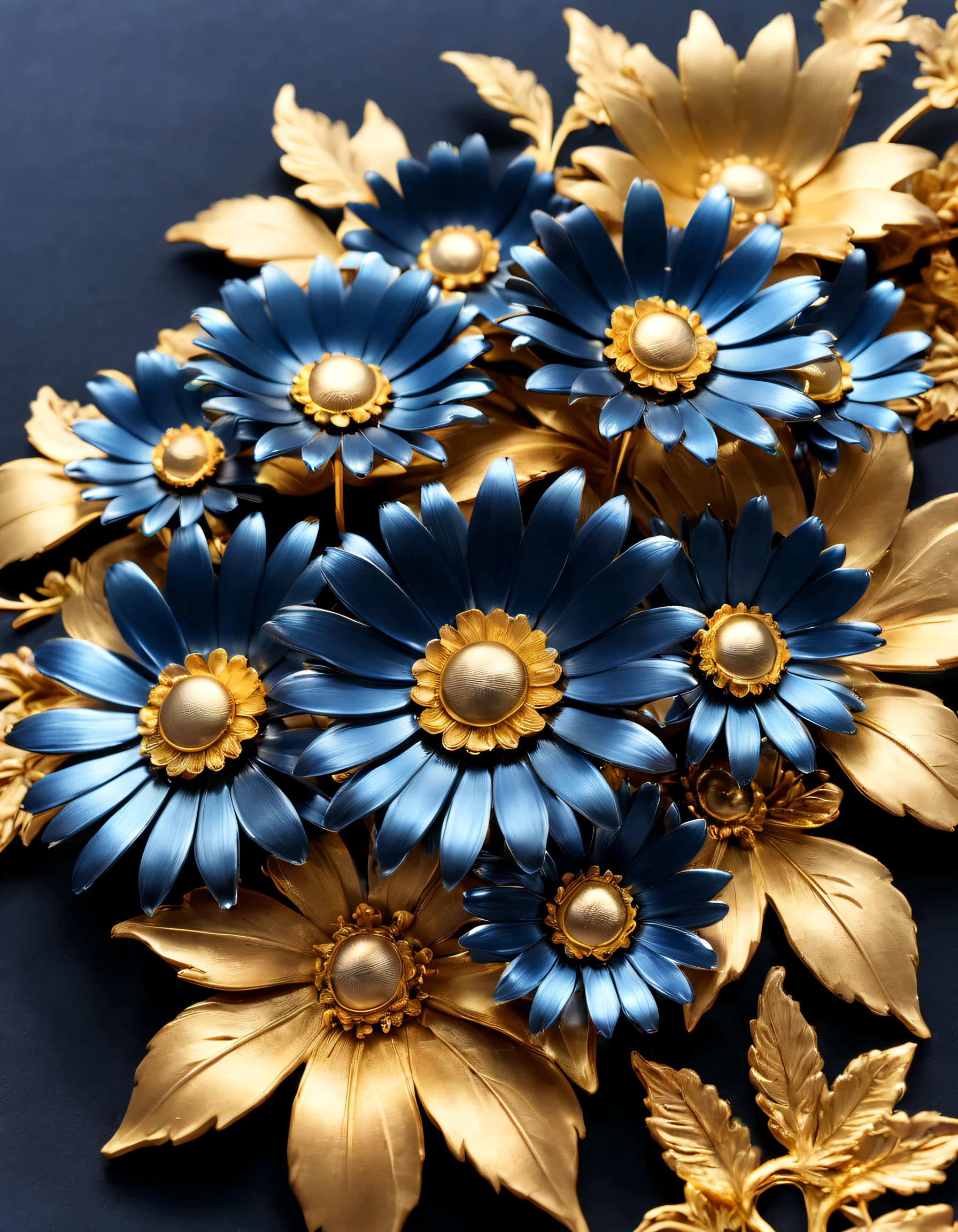 (Daisy made of titanium）, Each metallic daisy flower has cascading petals， ，gilded，Rich metallic texture，they are dark blue，Like the night sky and the deep sea，Has an attractive metallic luster，leaves made of black gold，The edges of the petals are brushed metal,  golden daisy, flowers and gold, Gorgeous flowers,intricate flowers, Messy golden leaf flowers, 16k,Rococo elements, Capturing light and shadow，Give people a kind of tenacious growth、Indomitable spirit background：A desert，