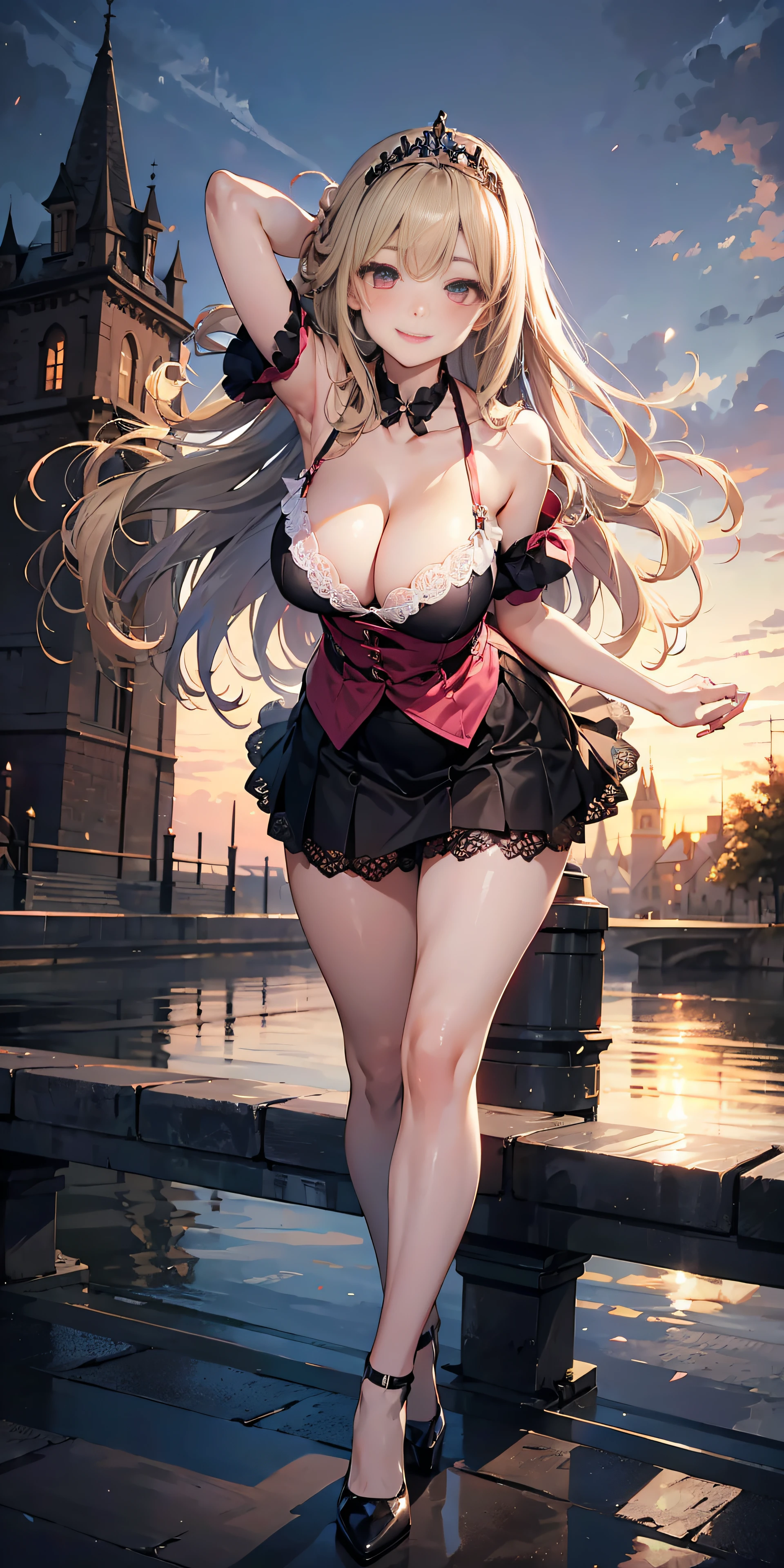 Adult Woman, Long dark blonde wavy hair、Black and pink dress, Puffy nipple、(Long flared skirt),、beautiful tiara、耳Nipple Ring、Medium milk, cute smile face、(Pose to lean forward and emphasize the chest)、(turned around)、sexy hips、Black High Heels、a castle yard、sexy  pose、(((The skirt is rolled up by the wind)))、Sexy lace panties