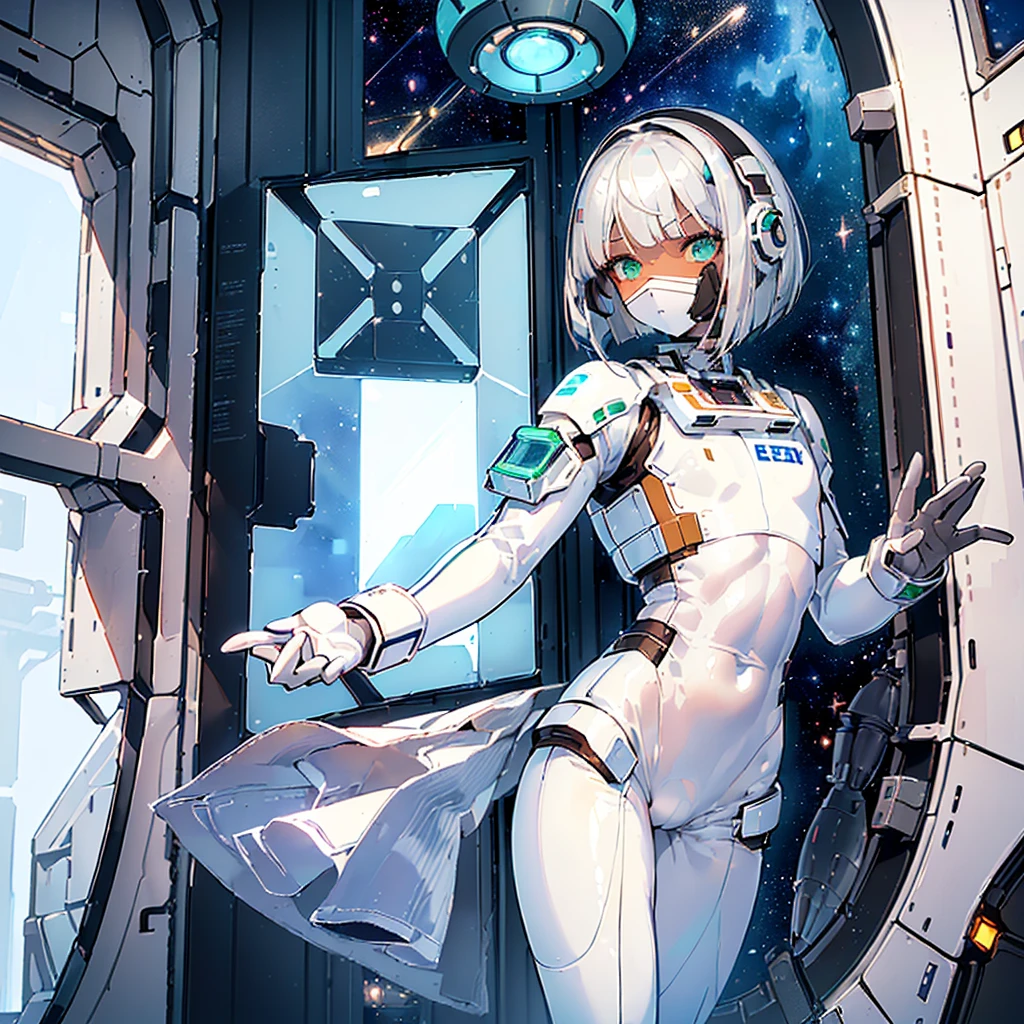 ((Masterpiece)), ((Best Quality)), ((Best Quality)), (Illustration of One Boy), Full Body, ((Bishonen)), (Man's Daughter), (Neutral), (((Silver Hair Bob Cut)), Hair Band, Green Eyes, (((Brown Skin)), (Toned Body), Abs, ((White Pilot Suit)), ((Inside the Spaceship)), (Outside the Window, Space, Earth from Space, Spaceport)