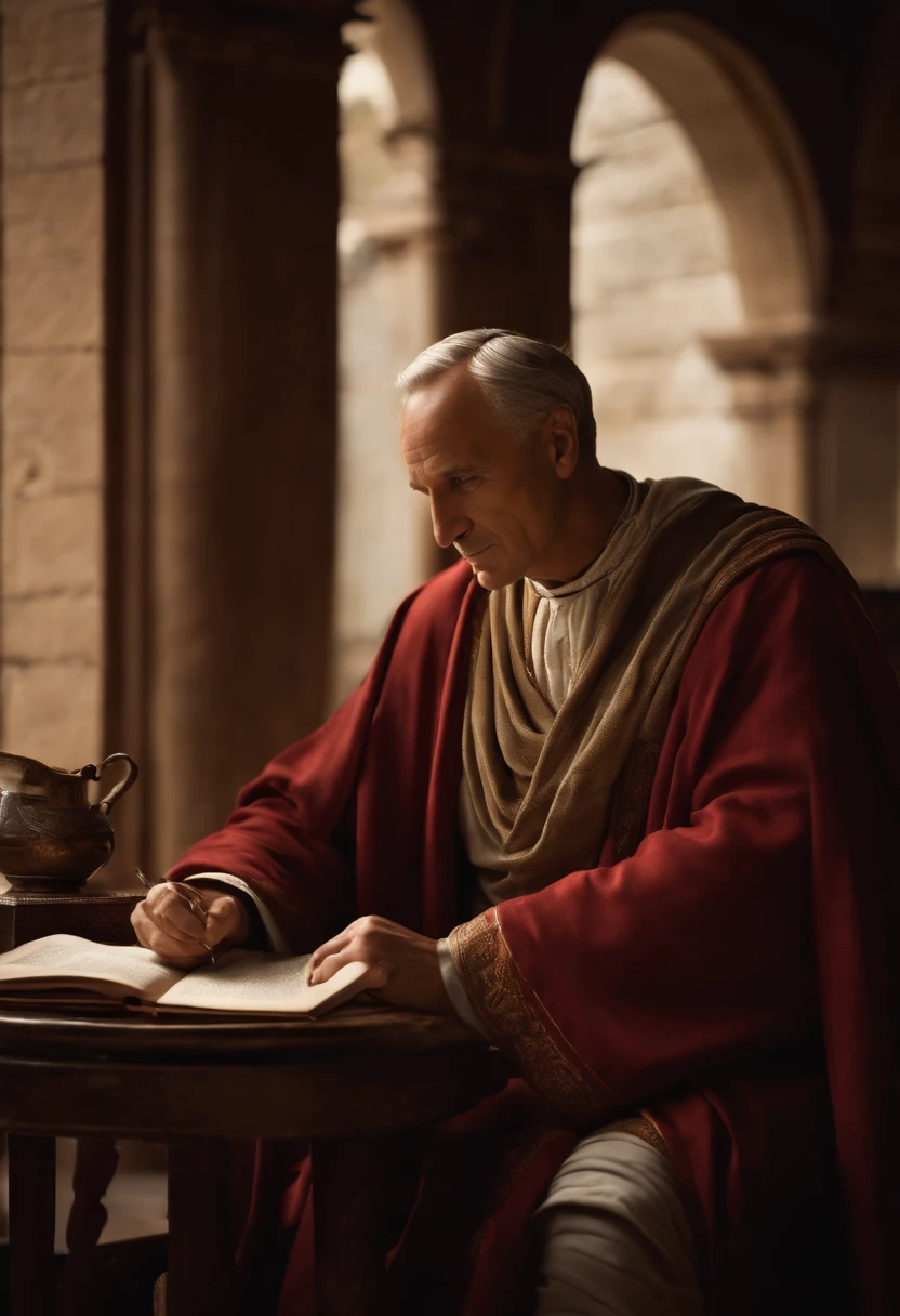 A photo of Cicero sitting in a cozy corner of his study room, with a cup of steaming herbal tea and a handwritten manuscript on the table.,Roman Republic,Marcus Tullius Cicero has a slender and tall build with a prominent forehead and high hairline. He has a long, thin face, a straight nose and a sharp chin. He has expressive and animated facial expressions. Meticulous in his appearance. Often wears a Roman Toga. He pays attention to his hair and beard.