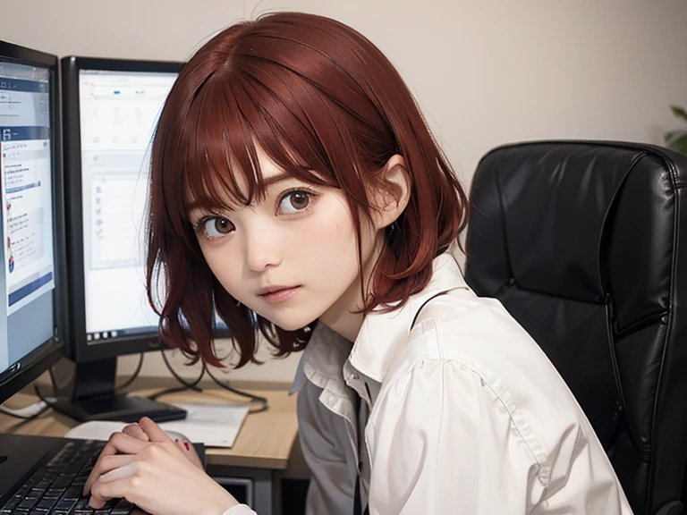 masutepiece, of the highest quality, 1 Lady, 20yr old, Red hair,((short-hair)), ((computer lab))