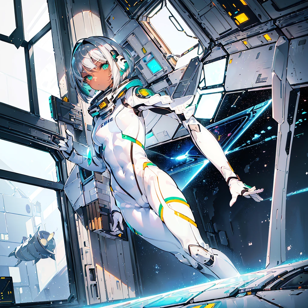 ((Masterpiece)), ((Best Quality)), ((Best Quality)), (Illustration of One Boy), Full Body, ((Bishonen)), (Man's Daughter), (Neutral), (((Silver Hair Bob Cut)), Hair Band, Green Eyes, (((Brown Skin)), (Toned Body), Abs, ((White Pilot Suit)), ((Inside the Spaceship)), (Outside the Window, Space, Earth from Space, Spaceport)