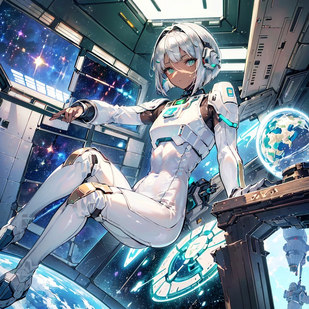 ((Masterpiece)), ((Best Quality)), ((Best Quality)), (Illustration of One Boy), Full Body, ((Bishonen)), (Man's Daughter), (Neutral), (((Silver Hair Bob Cut)), Hair Band, Green Eyes, (((Brown Skin)), (Toned Body), Abs, ((White Pilot Suit)), ((Inside the Spaceship)), (Outside the Window, Space, Earth from Space, Spaceport)