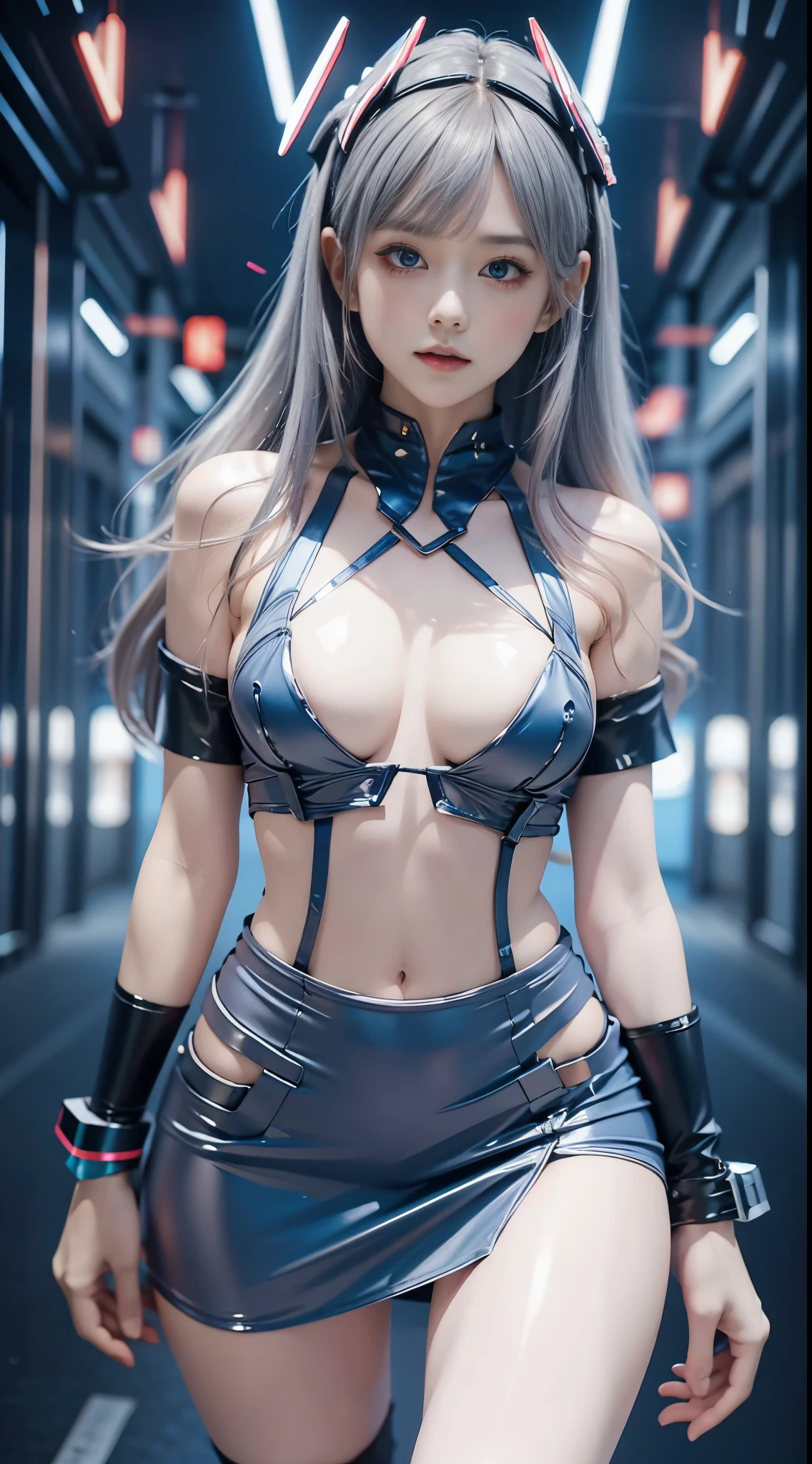 4K Ultra HD, tmasterpiece, high detal, one-girl, Cute face, 詳細な目, Long gray hair, blue neon lights on skirt, Cyberpunk blue dress, Clothes with blue neon lights attached, Neon breasts, naked belly, Propagating light, light reflections, reflection of light on road, light reflections, Lights scattered everywhere, neonlight, Full body capture,