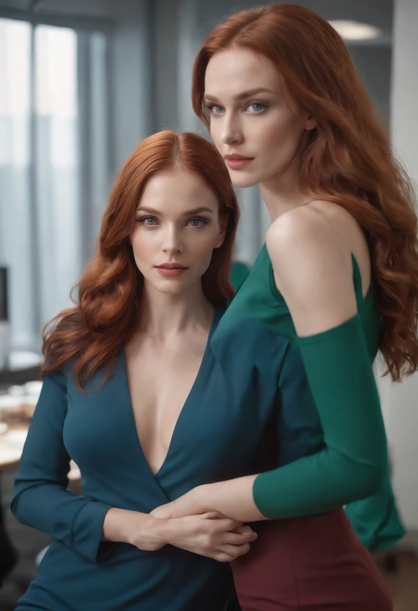 duels, rivals, complex and colorful effects in the background, two women, office attire, blue and red bodysuit, flowing hair, green eyes, thin waist, beautiful redhead, flowing, (masterpiece), ((highest quality)), (super detailed), woman, clean and detailed face, five fingers, textile shading, perfect anatomy,