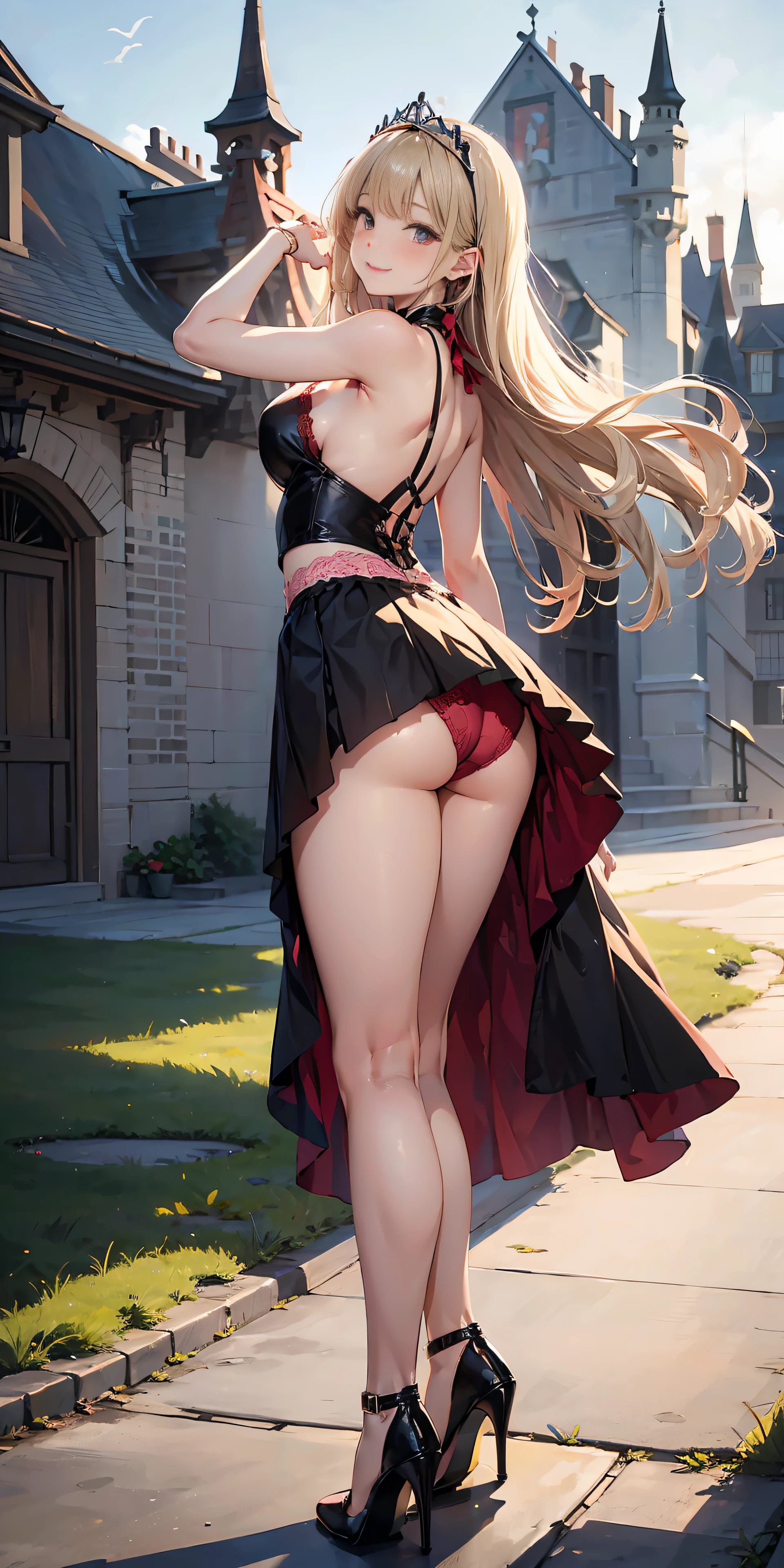 Adult Woman, Long dark blonde wavy hair、Black and pink dress, Puffy nipple、(Long flared skirt),、beautiful tiara、耳Nipple Ring、Medium milk, cute smile face、Poses that emphasize the buttocks、(turned around)、sexy hips、Black High Heels、a castle yard、sexy pose、(((The skirt is rolled up by the wind)))、sexy red lace panties
