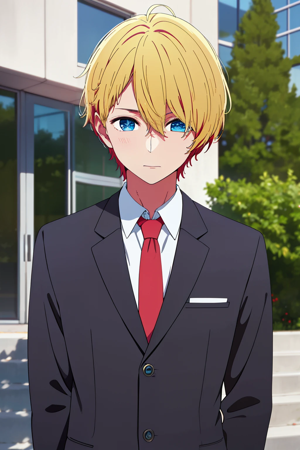 masterpiece, realistic, best quality, high quality, 1boy, solo, male focus, looking at viewer, upper body, hoshino_aquamarine, wear school uniform, blazer, red tie