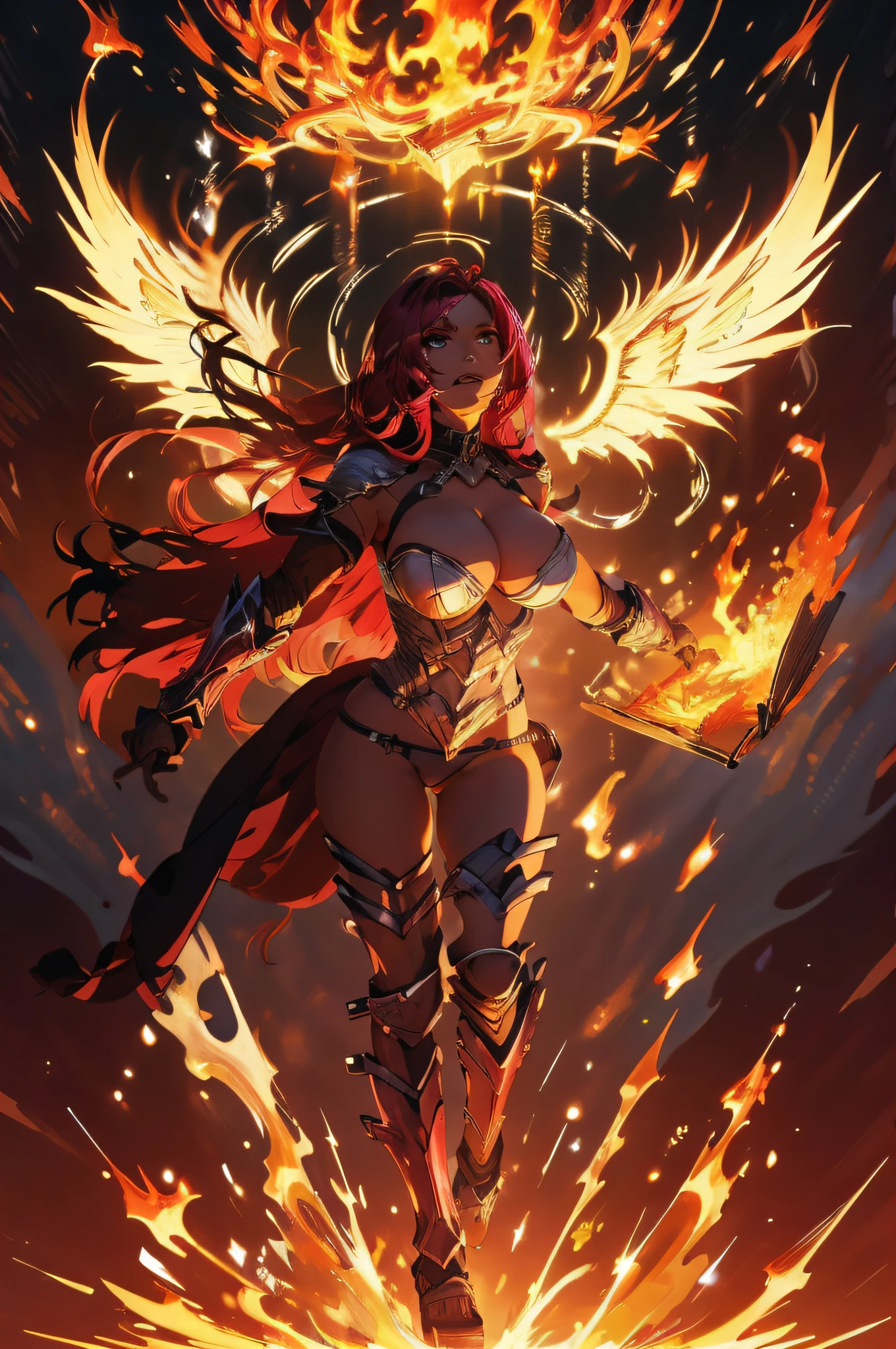 16k, HD, Professional, Highly Detailed, ((Masterpiece: 0.3)), (((High Quality))), Ultra-detailed face, Highly Detailed Lips, Detailed Eyes, full body, 1 Dark elf, female, paladin, red hair, happy, flaming wings, breasts out, fire, angel, armored gauntlets