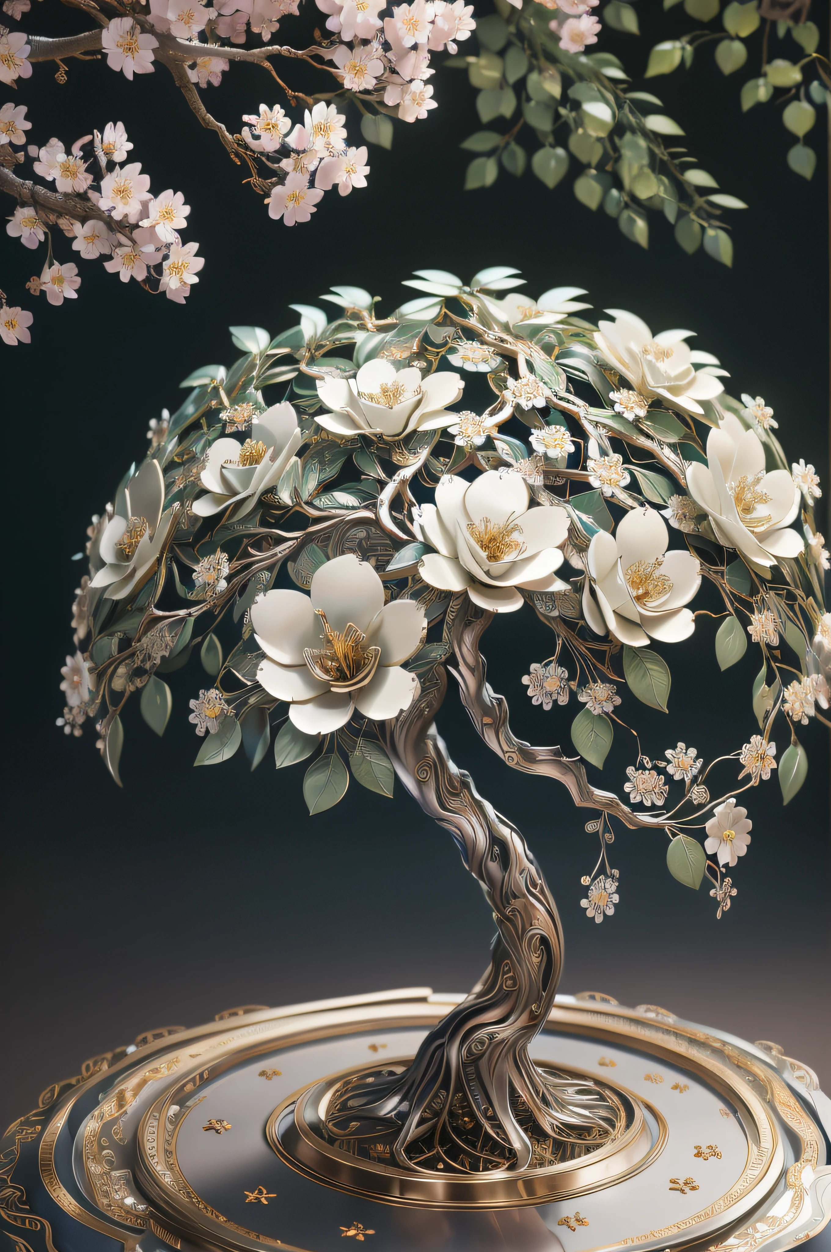 best quality, 8k, masterpiece: 1.2, ultra-detailed, realistic:  Metalic tree with metal flowers (bright petals, delicate craftsmanship, detailed engravings, shimmering reflections, pastel color).