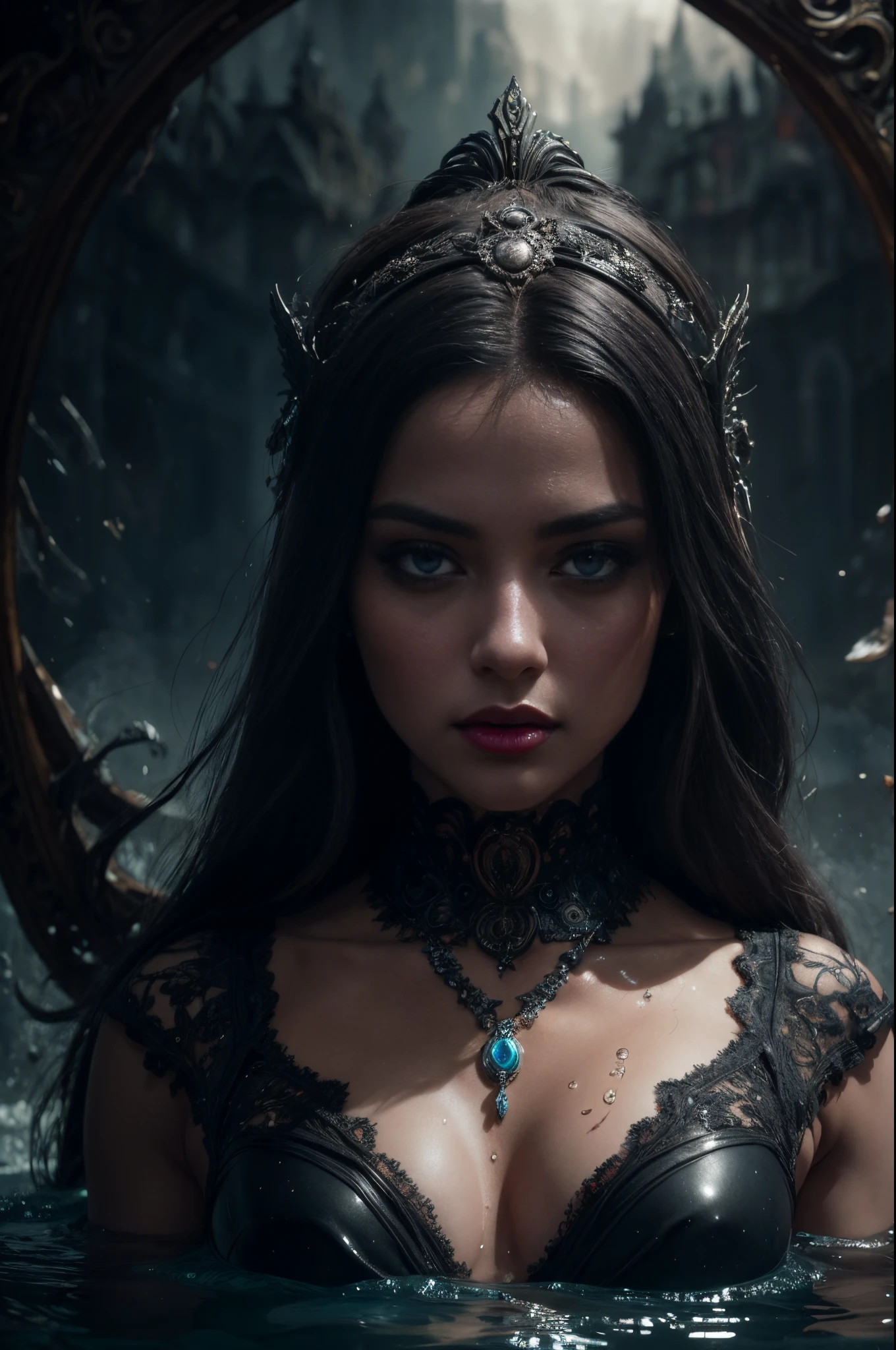 Full body shoot of stunnig beauty female poseidon, long hair, temple and water background, less clothes, perfect detailed face, detailed symmetric hazel eyes with circular iris, realistic, stunning realistic photograph, 3d render, octane render, intricately detailed, cinematic, trending on artstation, Isometric, Centered hipereallistic cover photo, awesome full color, hand drawn, dark, gritty, mucha, klimt, erte 12k, high definition, cinematic, neoprene, behance contest winner, portrait featured on unsplash, stylized digital art, smooth, ultra high definition, 8k, unreal engine 5, ultra sharp focus, intricate artwork masterpiece, ominous, epic, TanvirTamim, trending on artstation, by artgerm, h. r. giger and beksinski, highly detailed, vibrant, 8k
