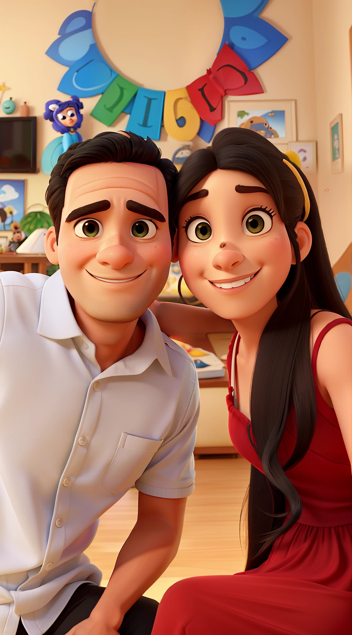 marido e esposa, Arte da Pixar, alta qualidade, memarido e mulher, olhos negros, boy de 5 anos feliz, female in woman's arms, sala da casa, sofa, arte pixar, alta qualidade, best quality, melhor qualidade