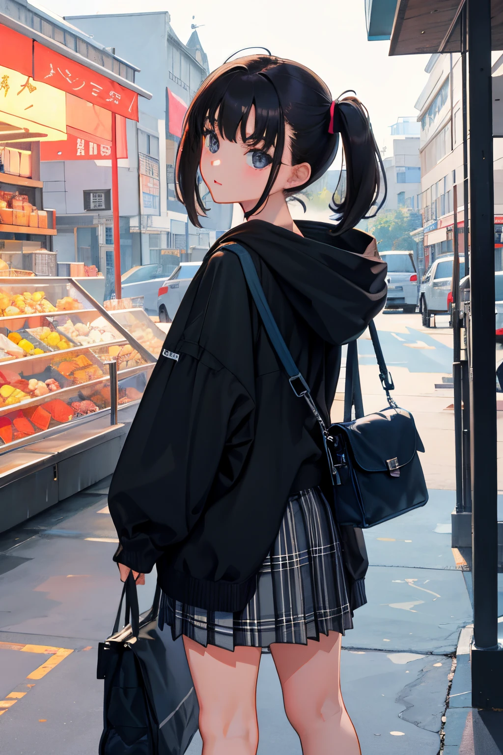 Looks Back,(),(masterpiece,Highest Quality),Hoodie with short sleeves,plaid skirts,A dark-haired,Twin-tailed,Bag,The port town