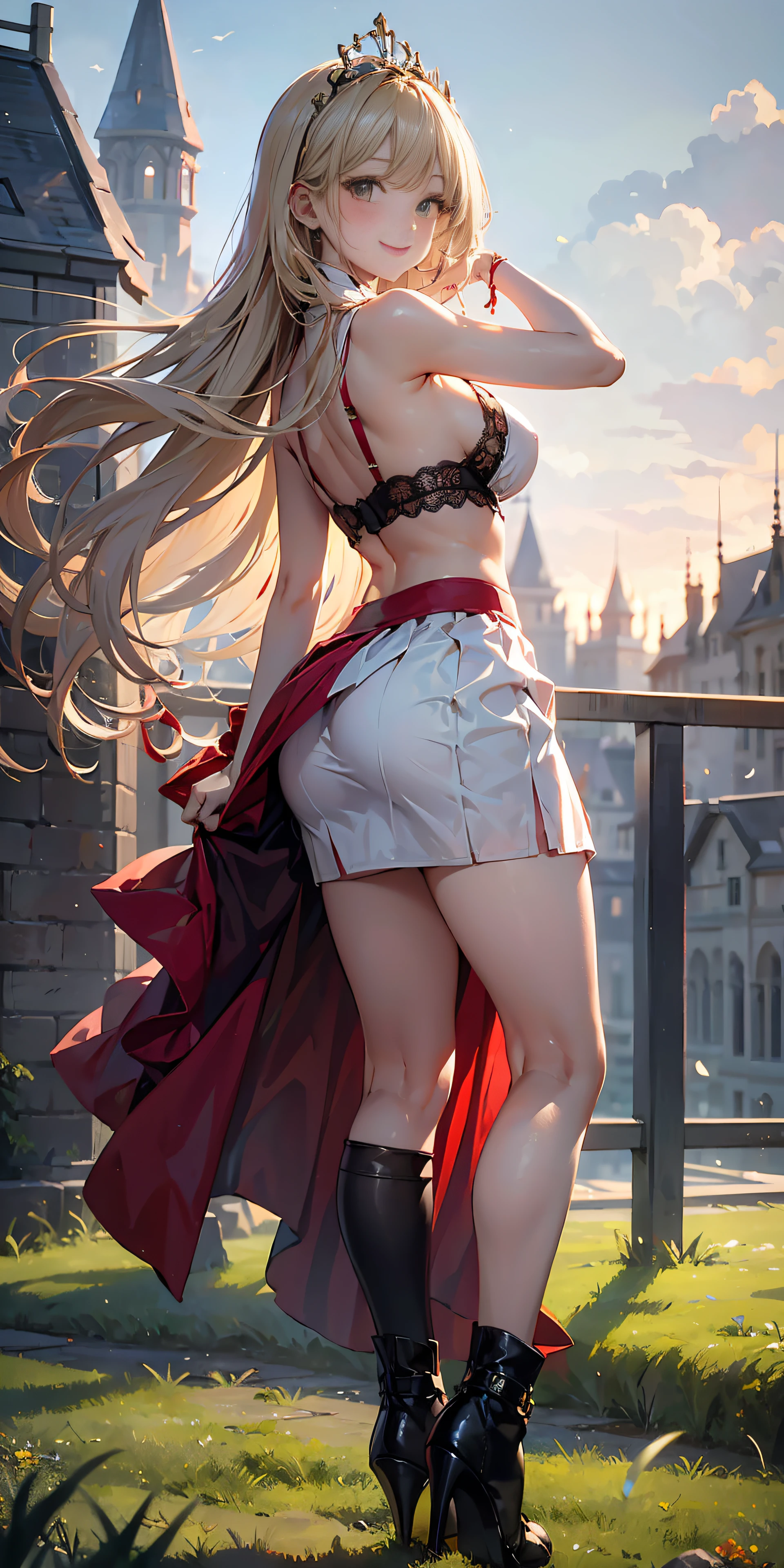 Adult Woman, Long dark blonde wavy hair、White and red dress, Puffy nipple、(Long flared skirt),、beautiful tiara、耳Nipple Ring、Medium milk, cute smile face、Poses that emphasize the buttocks、(turned around)、sexy hips、Black High Heels、a castle yard、sexy  pose、(((The skirt is rolled up by the wind)))、sexy yellow lace panties