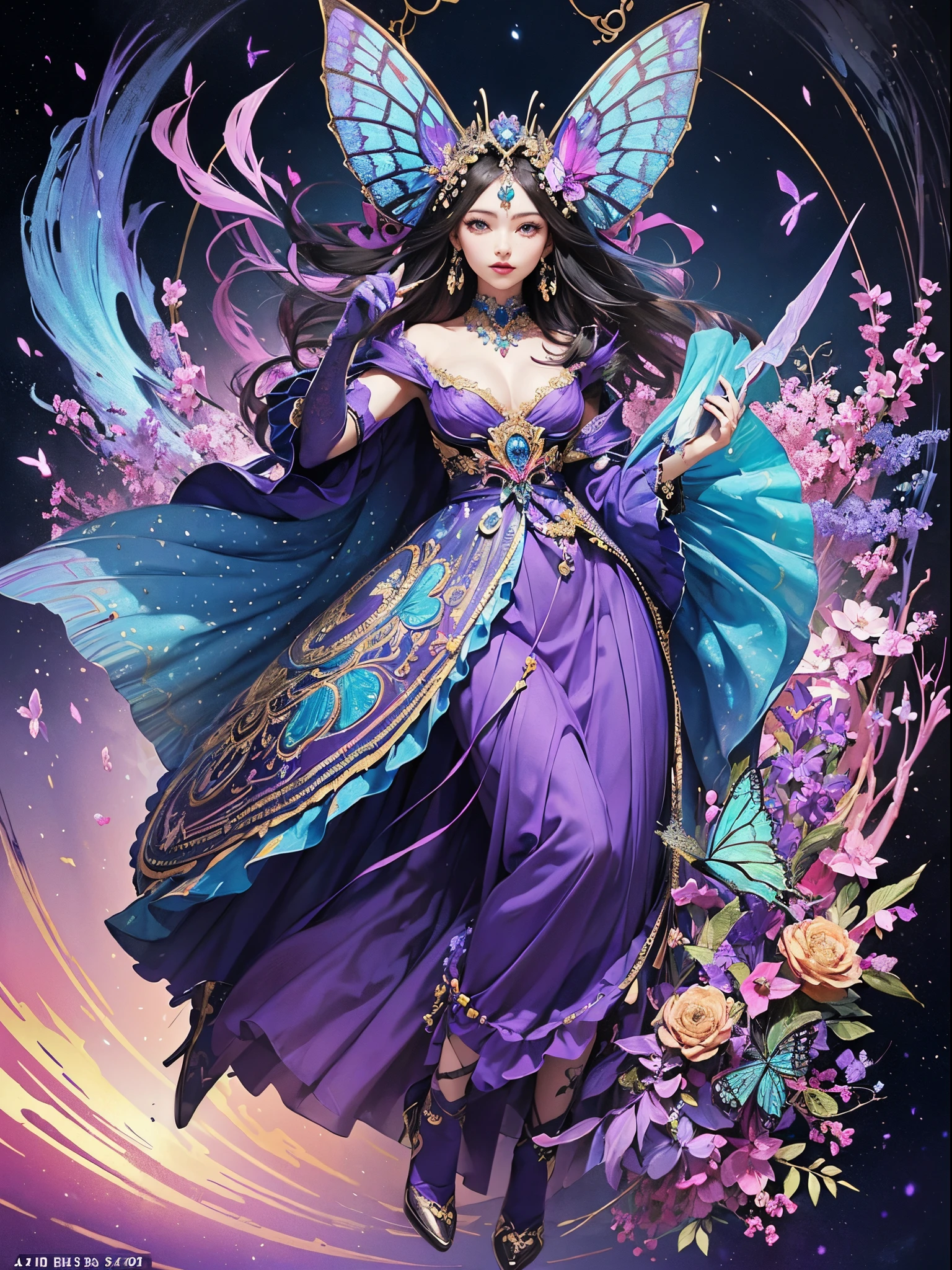 Butterfly motif、purple and blue tones、Vibrant colors、((masterpiece)))、(((top-quality)))、((ultra-detailliert))、(A hyper-realistic)、(highly detailed CGillustration)、from the right side、Official art、Milan at the beginning of the 20th century、Decadent、Madame Papillon、Masquerade、refinement、Elegance、Gorgeous、Masks that cover most of the face、Colorful and detailed mask design、matchless beauty、Fans、gorgeous dress、jewely、Perfect Angle、perfect-composition。full body Esbian