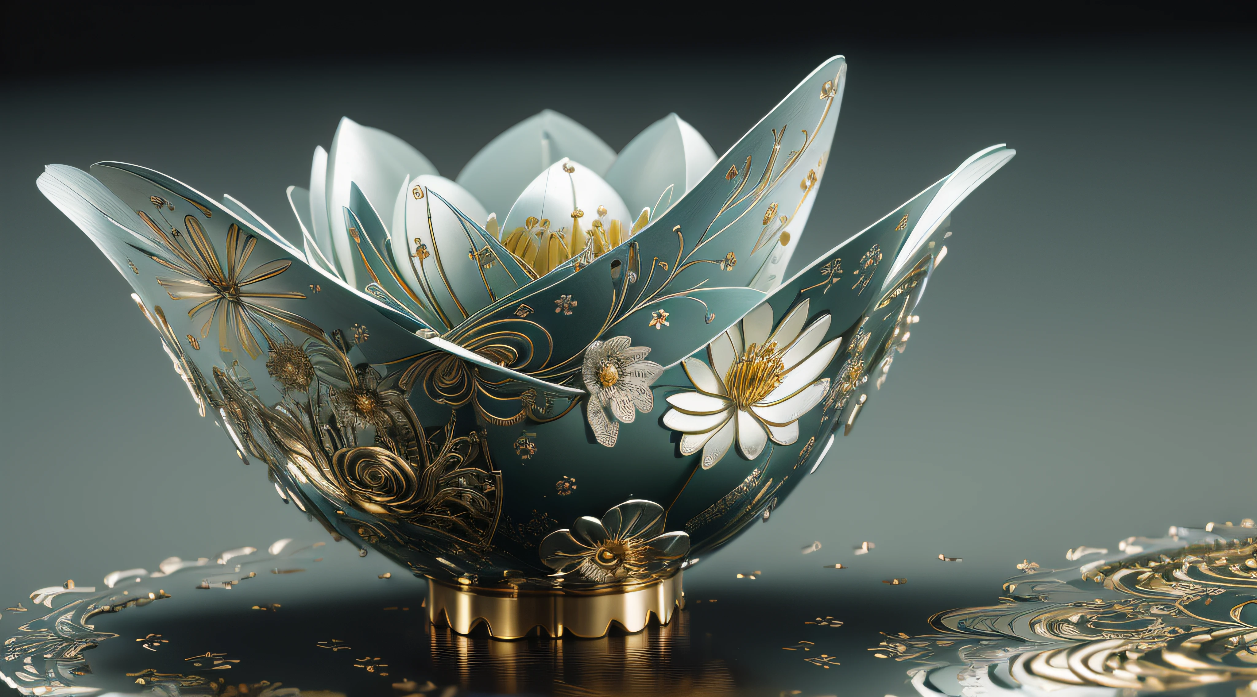 Best Quality, 8k, Masterpiece: 1.2, Ultra-Detailed, Realistic:  Metal Water Lily Flowers (Shiny Petals, Delicate Crafts, Detailed Engravings, Shimmering Reflections).