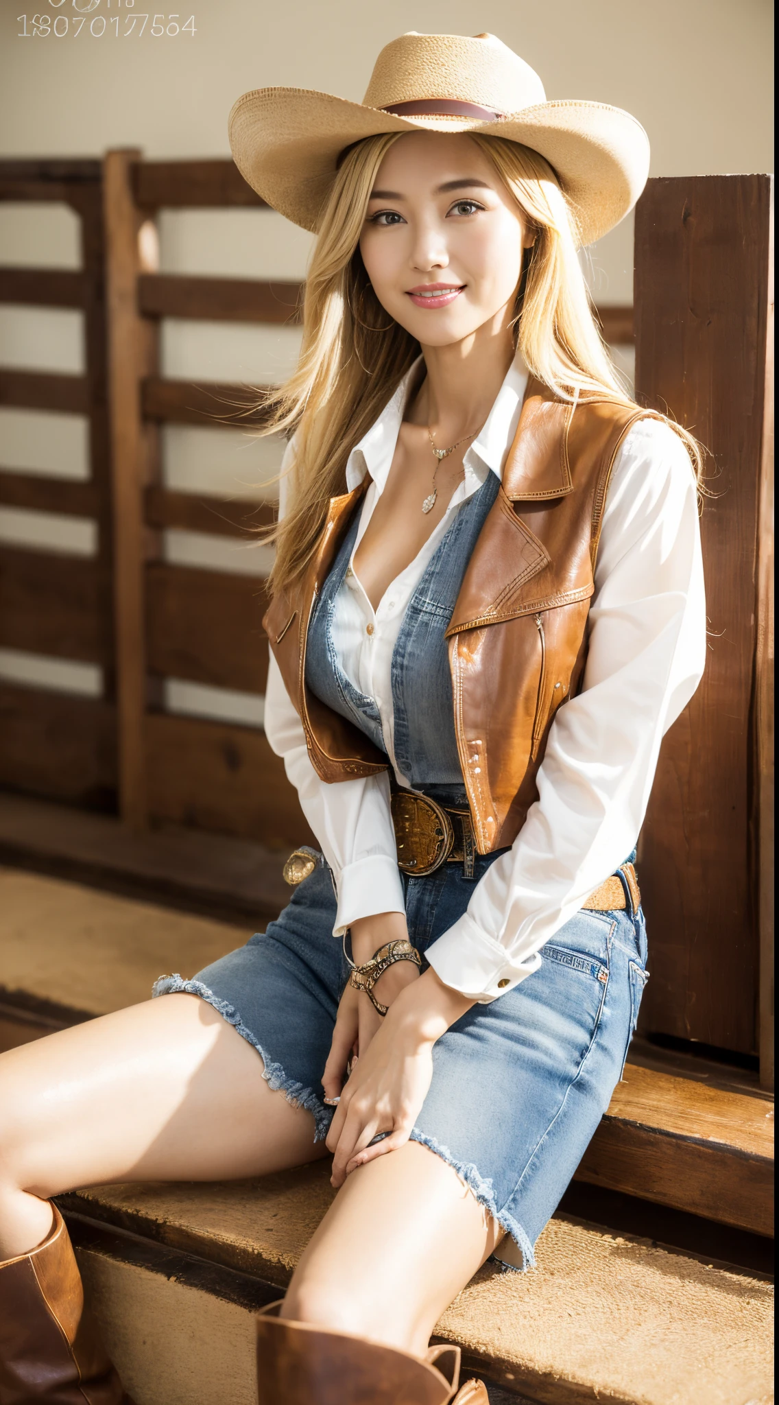 (((cowgirl outfit))),(((Wear low-rise denim shorts and long western boots))),(((Sit down and raise your knees))),(((wear a western hat))),(((wearing leather belt))),(((Wear a leather vest and a plaid front knot shirt))),(((Cleavage is shown))),(((Bare inner thighs))),(((Bare lateral chest))),(((Her hair is blonde))),ulzzang-6500-v1.1, (RAW photogr:1.2), (photograph realistic:1.4), a beautiful detailed girl, Extremely detailed eyes and face, 美丽细致的眼睛, ultra - detailed, A high resolution, top-quality, masterpiece, The is very detailed, 8k wallpaper, Wonderful, finely detailled, top-quality, There is light on the face,电影灯光,1 girl in,(Fort Worth Stockyards Cowtown Stadium),pretty eyes,ssmile,with her mouth open