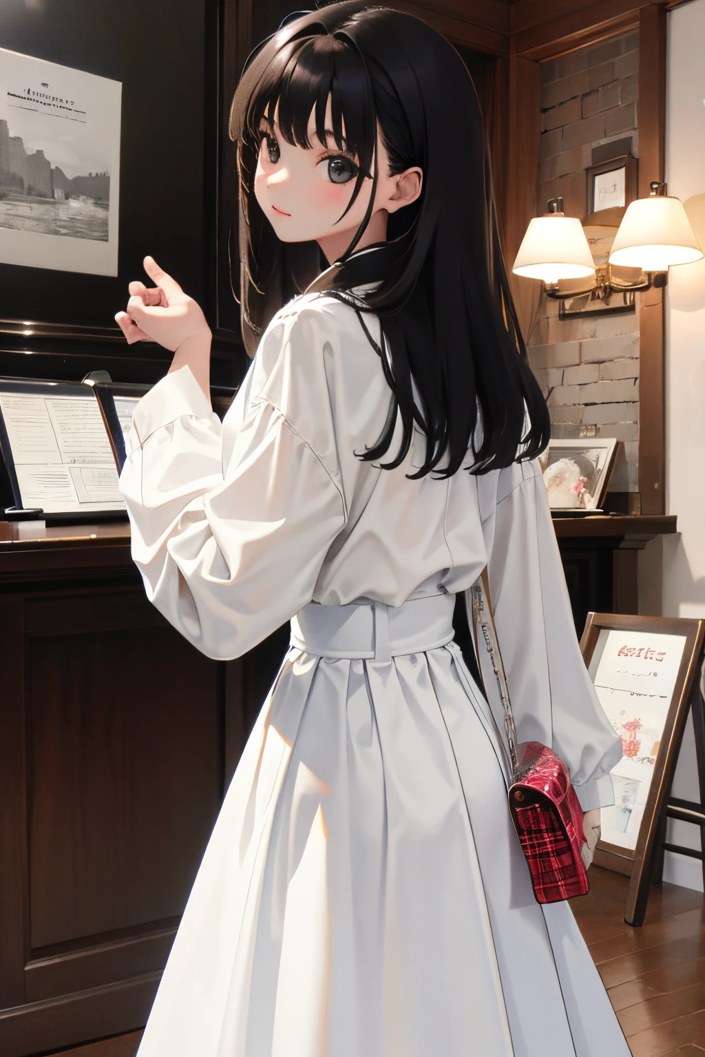 Looks Back,(child),(masterpiece,Highest Quality),White blouses,plaid skirts,A dark-haired,Bag,The port town