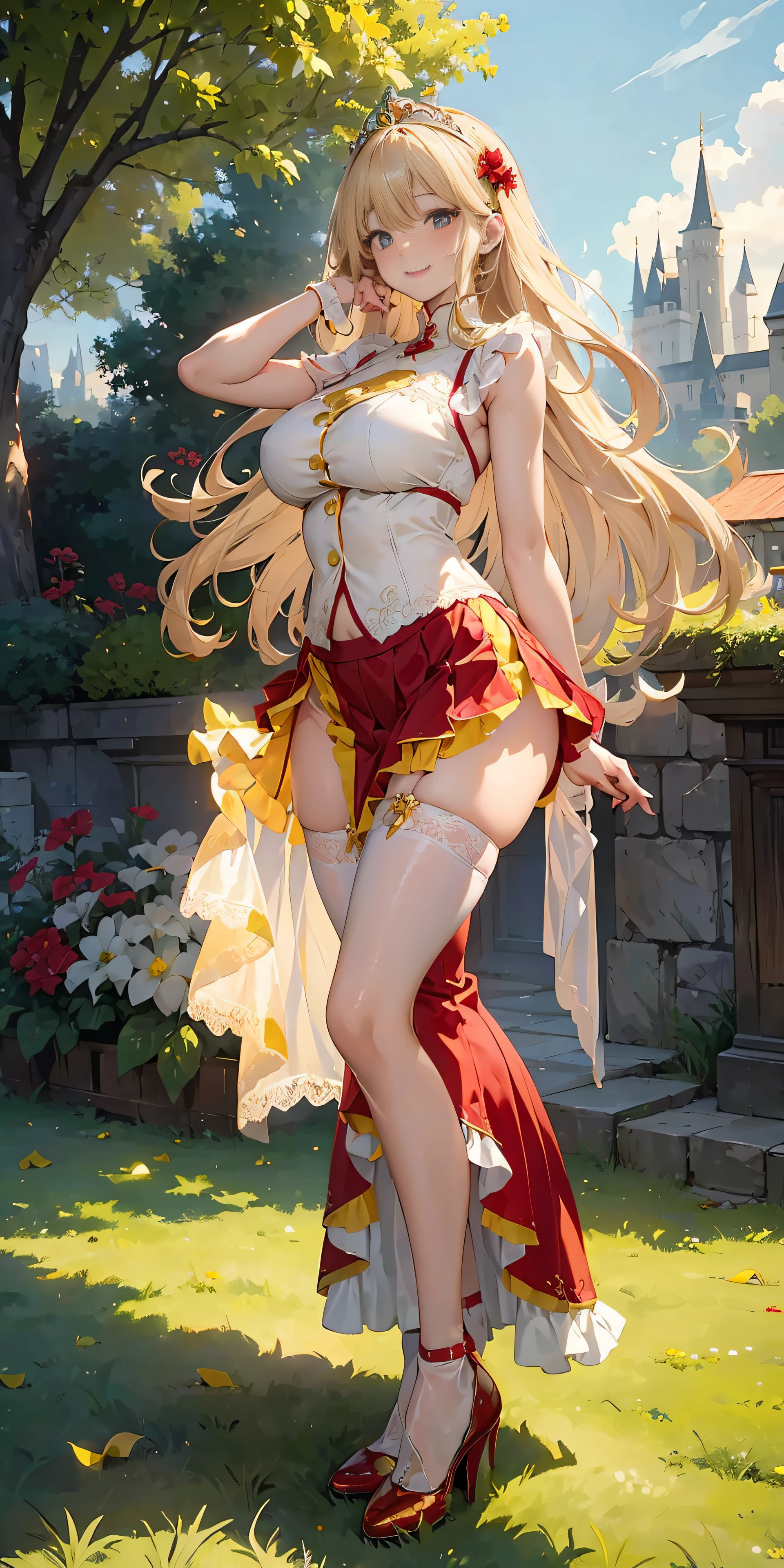 Woman, Long dark blonde wavy hair、White and red dress, Puffyple、(Lared skirt),、beautiful tiara、耳Nipple Ring、Medium milk, cute smile face、Poses that emphasize the buttocks、(turne)、sexy hips、Red High Heelcastle yard、sexy pose、(((The skirt is ed up by the wind)))、((Sexy yellow lace panties))