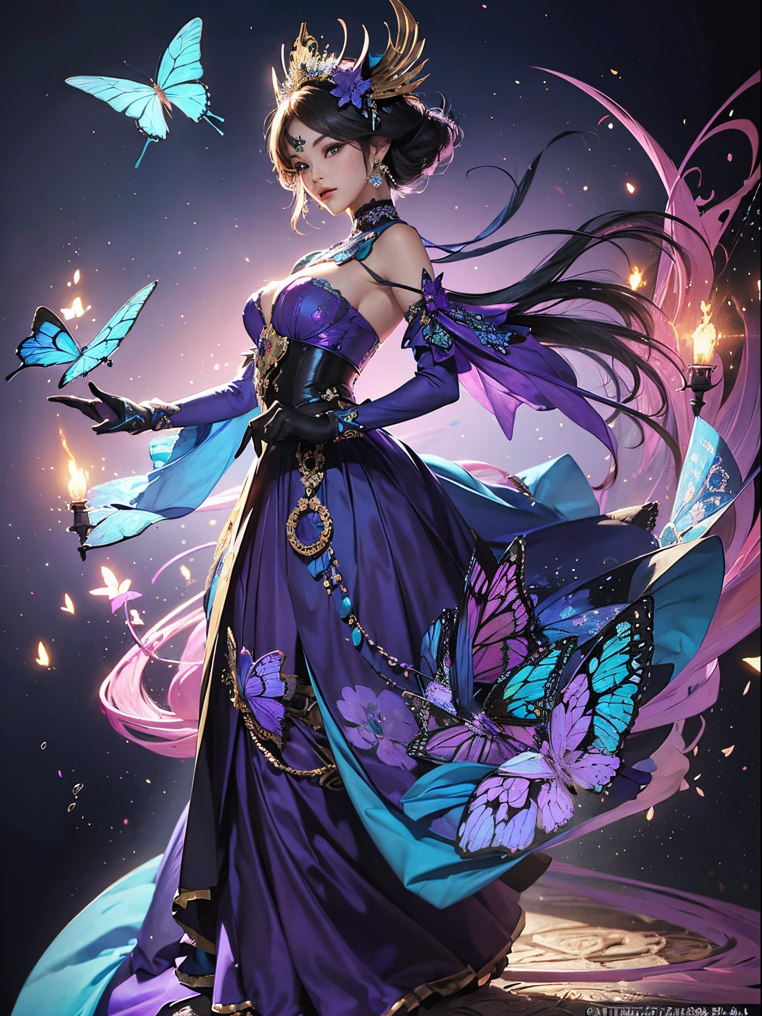 Butterfly motif、purple and blue tones、Vibrant colors、((​masterpiece)))、(((top-quality)))、((ultra-detailliert))、(A hyper-realistic)、(highly detailed CGillustration）、Official art、Milan at the beginning of the 20th century、Decadent、Madame Papillon、Masquerade、refinement、Elegance、Gorgeous、Masks that cover most of the face、Colorful and detailed mask design、matchless beauty、Fans、gorgeous dress、jewely、Perfect Angle、perfect-composition。full body Esbian