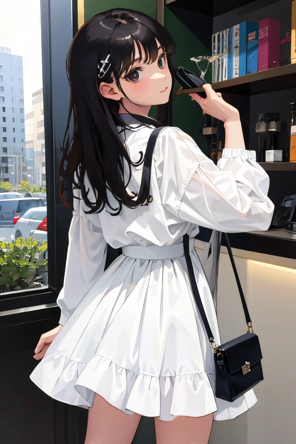 Looks Back，(child)，（​masterpiece，Highest Quality），White blouses，plaid skirts，A dark-haired，Bag，The port town