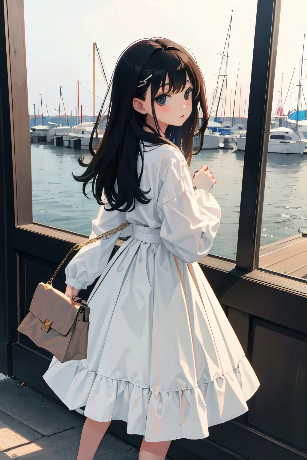 Looks Back,(child),(masterpiece,Highest Quality),White blouses,plaid skirts,A dark-haired,Bag,The port town