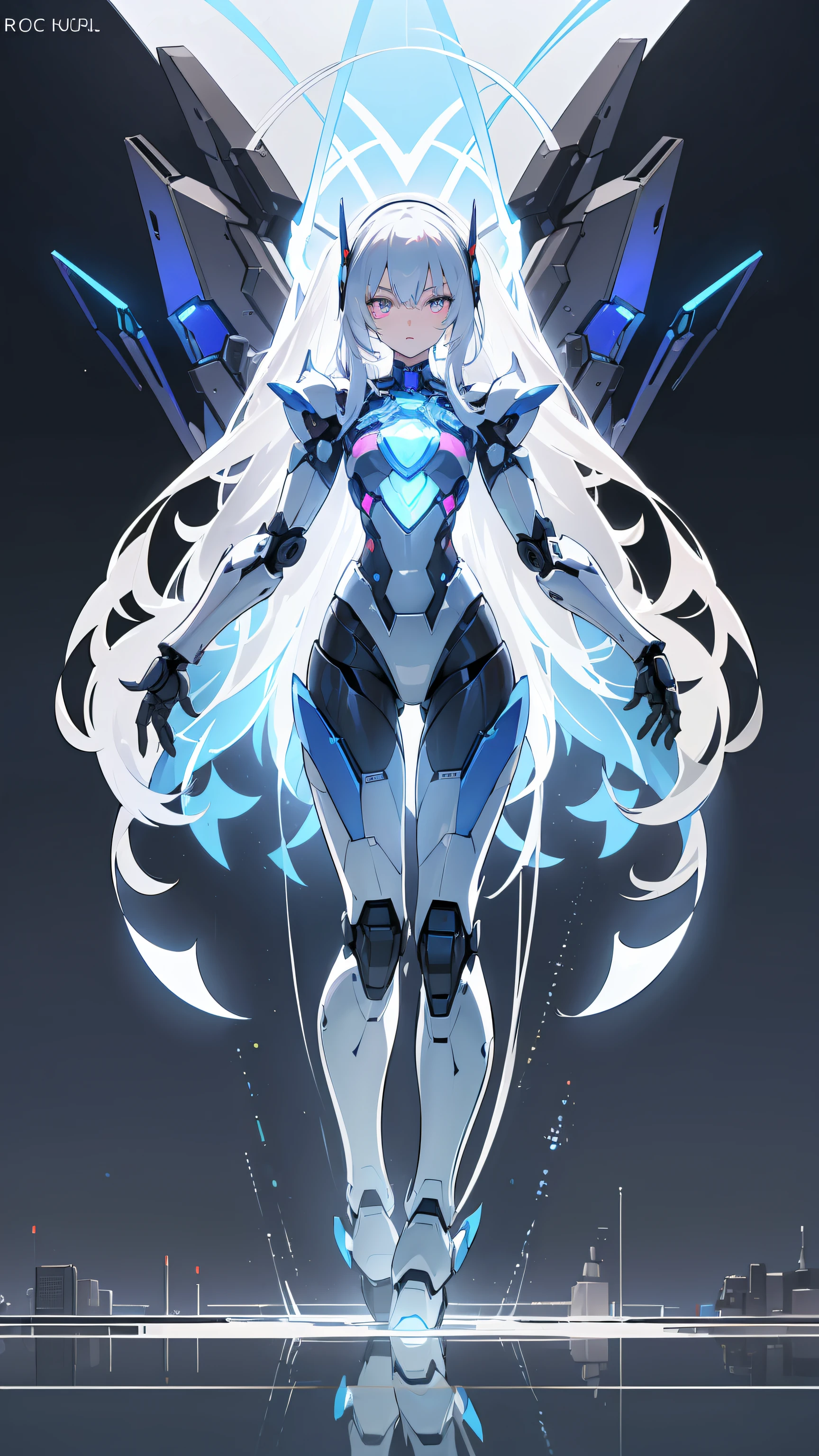 ((Robot Girl, mechs)), Glowing eyes, Delicate face, broken armor, Mechanical aura, Mechanical arm, Gray hair, Long hair, ceramic body, Thigh gap, tiny chest, cyber background, Very nice city, (translucent, reflection skin), 8K, Best Quality, Ultra-detailed, (surrealism: 1.4),