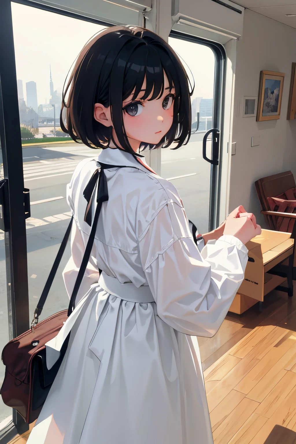 Looks Back,(),(masterpiece,Highest Quality),White blouses,plaid skirts,A dark-haired,Bag,The port town