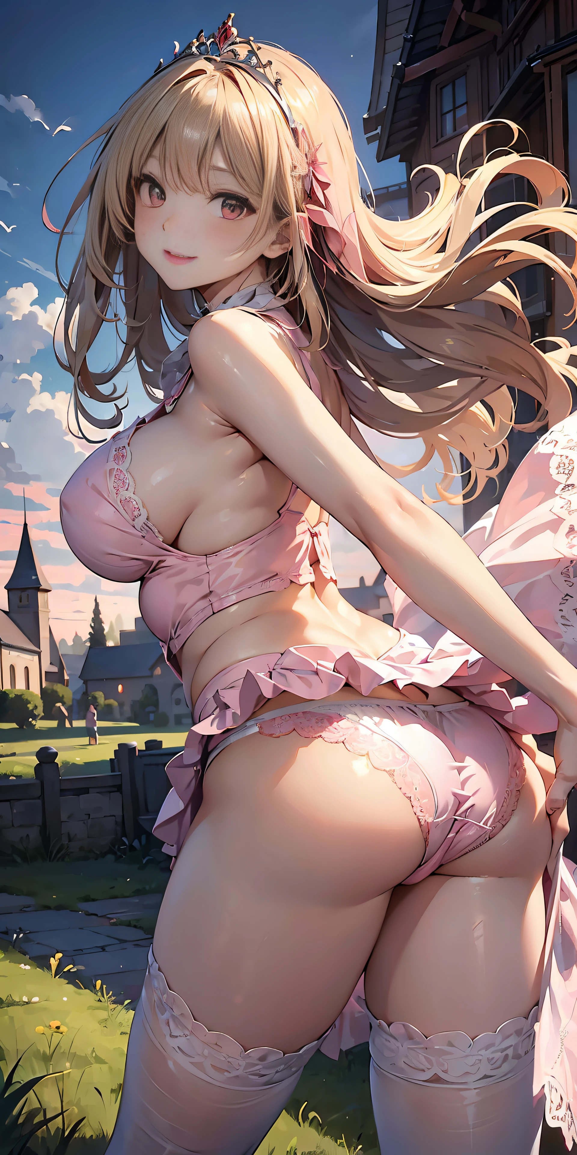 Adult Woman, Long dark blonde wavy hair、White and red dress, Puffy nipple、(Long flared skirt),、beautiful tiara、耳Nipple Ring、Medium milk, cute smile face、Poses that emphasize the buttocks、(turned around)、sexy hips、Red high heels、a castle yard、sexy  pose、(((The skirt is rolled up by the wind)))、((Sexy pink lace panties))