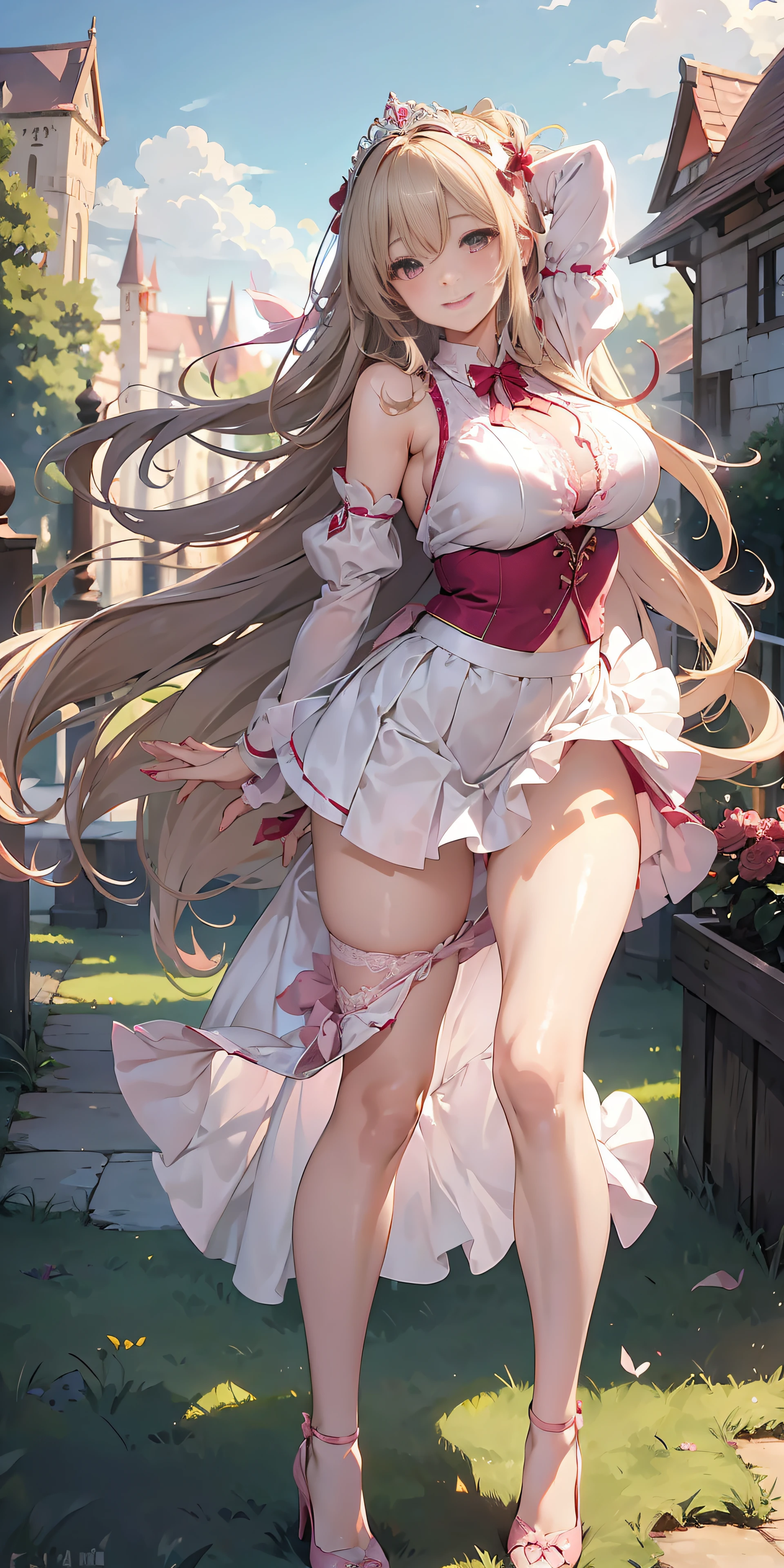 Adult Woman, Long dark blonde wavy hair、White and red dress, Puffy nipple、(Long flared skirt),、beautiful tiara、耳Nipple Ring、Medium milk, cute smile face、Poses that emphasize the buttocks、(turned around)、sexy hips、Red high heels、a castle yard、sexy  pose、(((The skirt is rolled up by the wind)))、((Sexy pink lace panties))