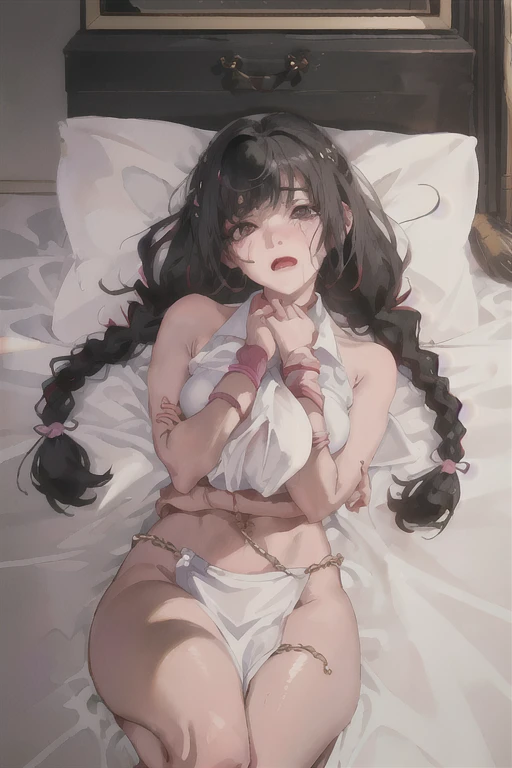 naked woman、fullnude、 (nose blush, Naughty, half opened eye, Drooling), [Full body shot]、BDSM、Plenty of love juice、pale pubic hair、Wearing a black dog collar,Full body shot,body piercings,Large open legs、Lying in bed、Hands tied above the head、Head-to-toe shots、Hand flail、fetters、Squirting、spout、There are a lot of them all over the body,The udder is squeezed out with a rope、Woman in chains、slightly turned to the side、The lower back is cramping up and down、Chest is bobbing up and down、Crying in pain、Both legs are raised above the head in a V-shape、Swing your hips up and down violently、Ahegao、Lower your hips deeply、all the way to the base、The waist is on the floor、hanekawa tsubasa、Her black hair is tied into two braids.、eye glass、huge tit、