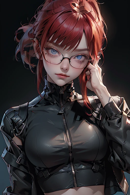 1nerdy girl with glasses, 28yo, blunt bangs hairstyle, (fringe cut bangs hairstyle), (The forehead is hidden by bangs), (((red hair))), ((boyish)), (((low pony tail))), asymmetrical hair, (((black-rimmed round glasses))), ((beautifully detailed face)), long eyelashes, (Beautiful detailed eyes), (sharp eyes), (Bright pupils), ((Blue eyes)), (gothic makeup with so many eyelashes and jet black eyeshadow), ((evil Smile)), cyberpunk style, long black open jacket, street fashion, sport pants, (Solo), (Suggestive Pose), (cinematic angle), Full Body Shot, perfect anatomy, slender, small bust, abs, (thin waist), muscular body, (((black frame glasses))), (high detailed skin), ((top-quality)), ((High Definition)), ((beautiful detailed)), high quality shadow, Rule of thirds, mostly cloudy sky, ((official art)), Conceptual art, anatomically correct, (((Best Quality))), (((masterpiece))), (((Super Detail))), UHD