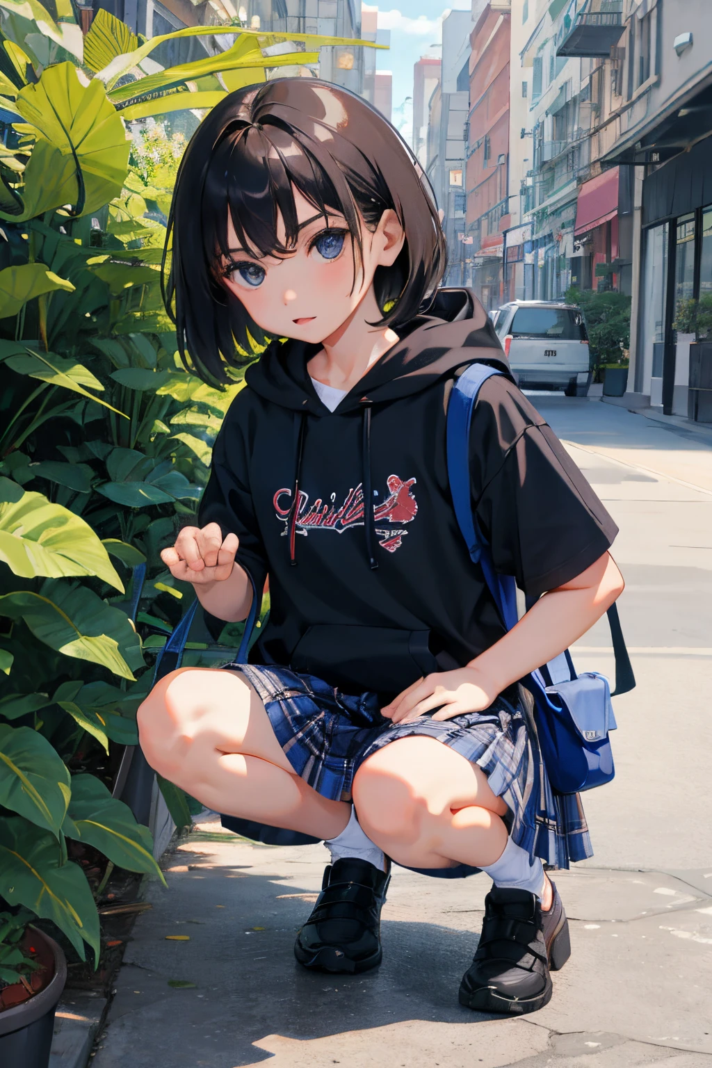 crouching down，(child)，（​masterpiece，Highest Quality），Hoodie with short sleeves，plaid skirts，A dark-haired，Twin-tailed，Bag，The port town