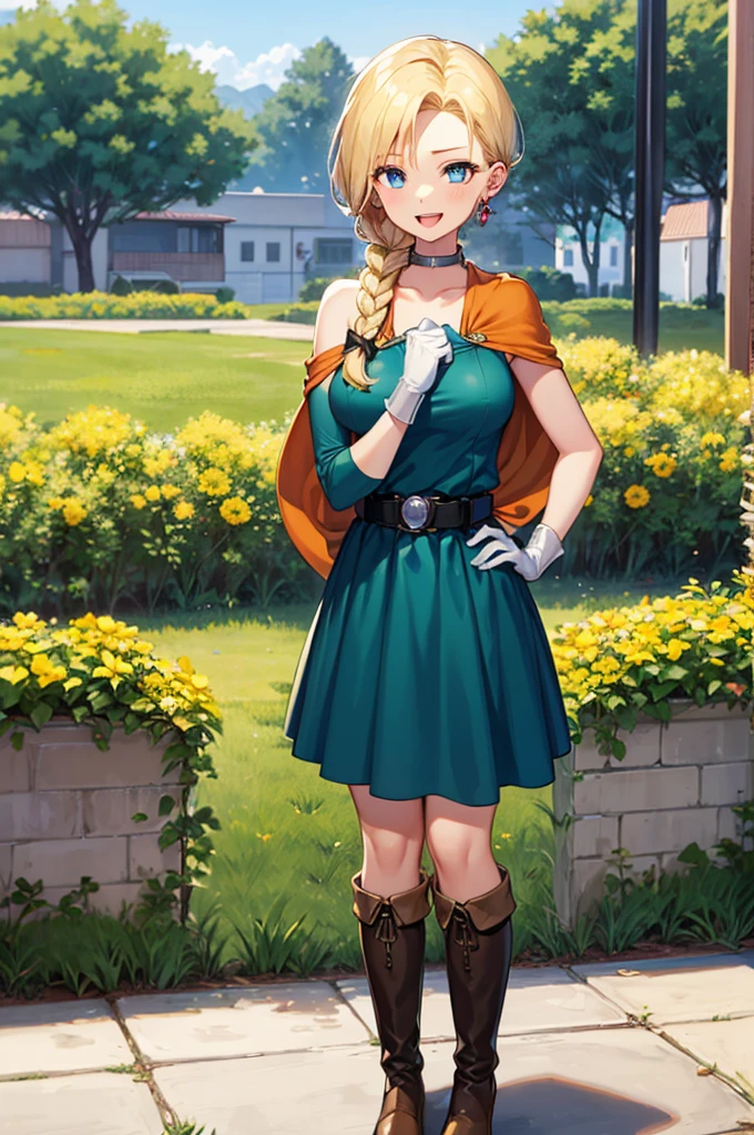 2girls,asymmetrical sleeves,bare shoulders,belt,blonde hair,blue eyes,blue hair,boots,bow,bracelet,braid,breasts,brown footwear,brown thighhighs,cape,between ,closed mouth,collarbone,cowboy shot,dress,earrings,elbow gloves,flower,french braid,gloves,green dress,hair behind ear,hair bow,hair over shoulder,hair pulled back,half updo,hand on own hip,huge bow,interlocked fingers,jewelry,knee boots,large breasts,long dress,long hair,looking at viewer,low-tied long hair,medium breasts,multiple girls,neck ring,open mouth,orange cape,own hands together,pink bow,single-shoulder dress,single braid,single strap,sleeveless,sleeveless dress,((evil smile)),standing,swept bangs,thighhighs,white gloves,yellow flower,zettai ryouiki,slanted eyes