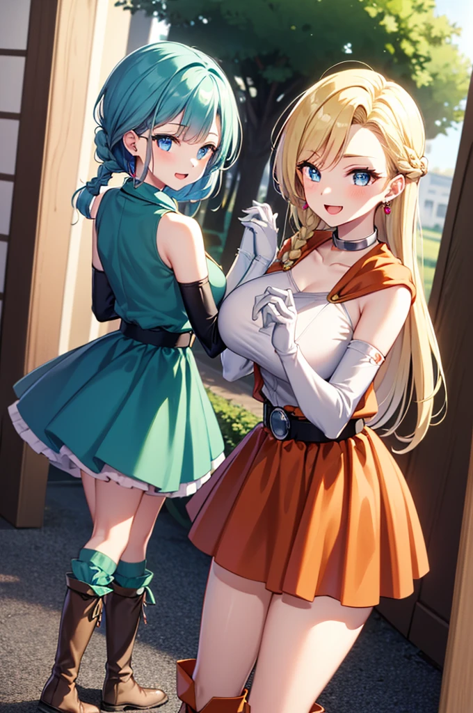 2girls,asymmetrical sleeves,bare shoulders,belt,blonde hair,blue eyes,blue hair,boots,bow,bracelet,braid,breasts,brown footwear,brown thighhighs,cape,between boob,closed mouth,collarbone,cowboy shot,dress,earrings,elbow gloves,flower,french braid,gloves,green dress,hair behind ear,hair bow,hair over shoulder,hair pulled back,half updo,hand on own hip,huge bow,interlocked fingers,jewelry,knee boots,large breasts,long dress,long hair,looking at viewer,low-tied long hair,medium breasts,multiple girls,neck ring,open mouth,orange cape,own hands together,pink bow,single-shoulder dress,single braid,single strap,sleeveless,sleeveless dress,((evil smile)),standing,swept bangs,thighhighs,white gloves,yellow flower,zettai ryouiki,slanted eyes