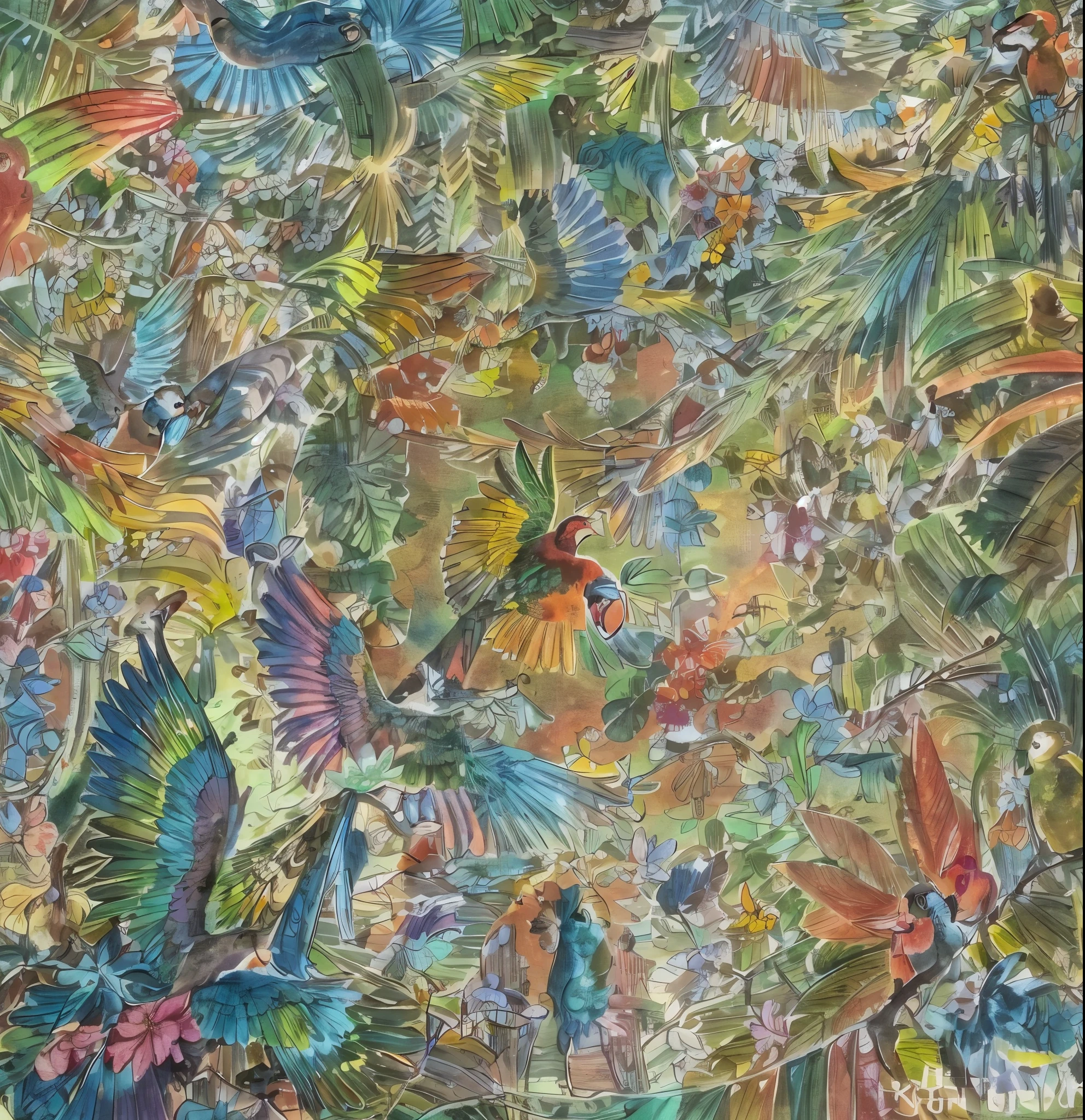 Colorful wallpaper with birds and flowers close-up, tropical birds, Rajib Shaw, Very Colorful, colorful jungle, Inspired by Edward Marshall Boehm, Highly complex and colorful, Colorful!! The is very detailed, inspired by Théodore Rousseau, parrots, Colorful birds, stunning art, Colorful, mystical birds, stunning art, elegant tropical prints