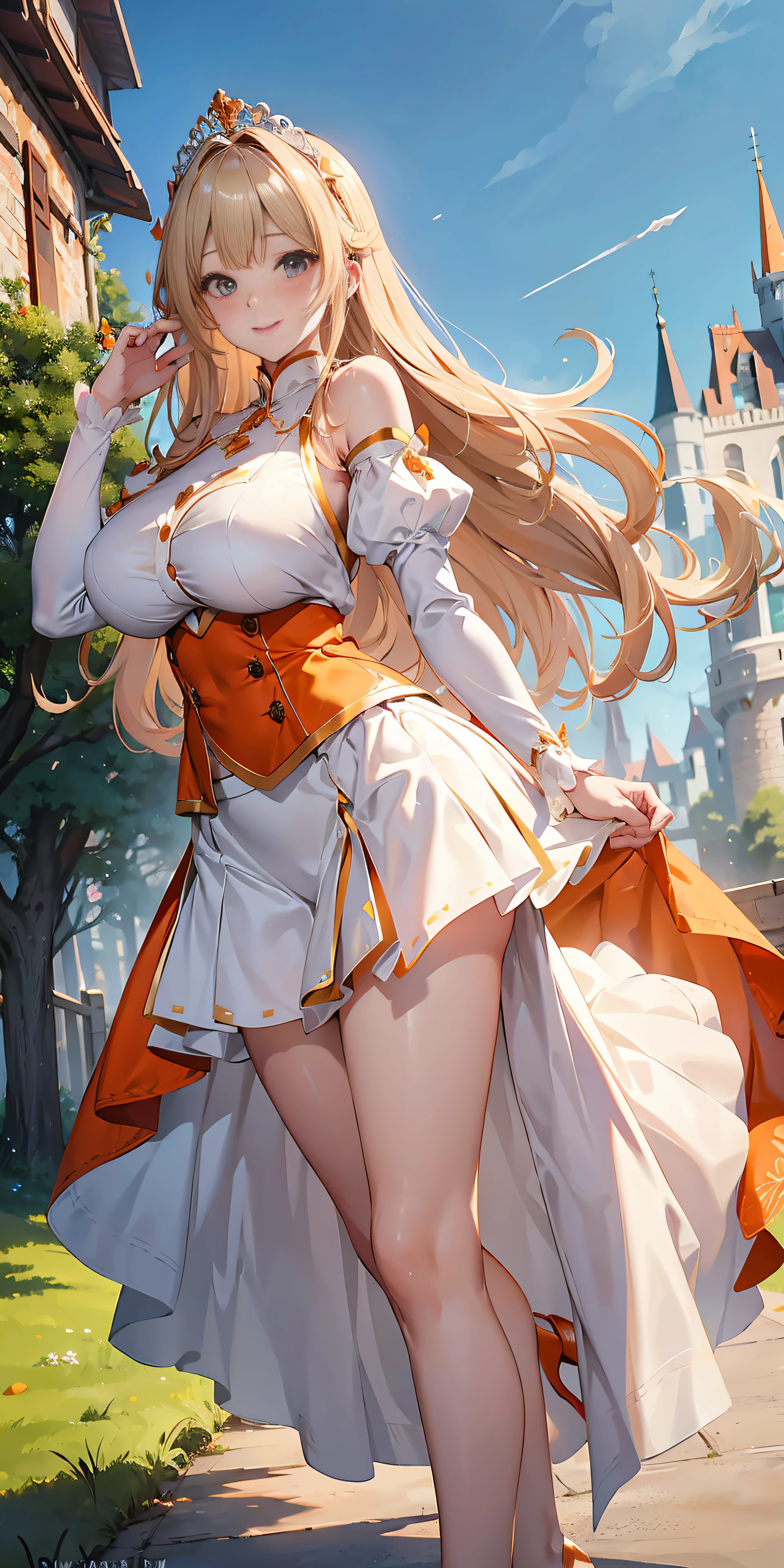 Adult Woman, Long dark blonde wavy hair、White dress, Puffy nipple、(Long flared skirt),、beautiful tiara、耳Nipple Ring、Medium milk, cute smile face、Poses that emphasize the buttocks、(turned around)、sexy hips、Red high heels、a castle yard、sexy  pose、(((The skirt is rolled up by the wind)))、((sexy orange panties))