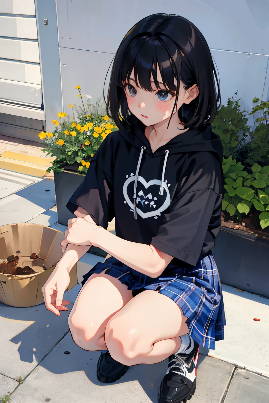 crouching down,(),(masterpiece,Highest Quality),Hoodie with short sleeves,plaid skirts,A dark-haired