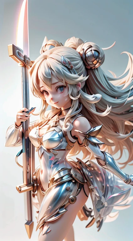 masterpiece、ultra res、a smile、Full body image with movement、strong long hair、Anime girl with a glowing sword in her hand, ArtStation Pixiv ArtGerm, Highly detailed artgerm, ig model |ArtGerm, fanart best artstation, ArtGerm.high detailing, !Dream artgerm, artgerm detailed, ArtGerm.Anime Illustration,Cute, 3D Rendering, Small robots, portrait female anime, Cute 3D Anime Rendering, cute detailed digital art, mini cute mecha, 3D rendering stylized, 3D rendered character art 8k, Cute Digital Painting, anime style 3D, super detailed render, weapon in hand, Delicate face,