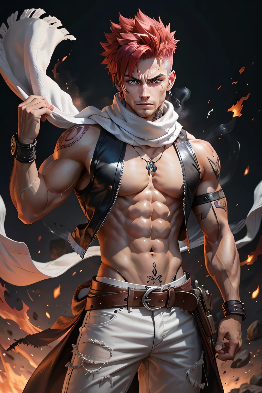 scarf, 1boy, male focus, abs, fire, solo, tattoo, white scarf, belt, navel, pants, closed mouth, muscular, red hair, spiked hair, looking at viewer, open clothes, vest, black background, cowboy shot, serious, sanpaku, pectorals, sleeveless, wristband, white pants, bare shoulders, hands up, toned, v-shaped eyebrows, buckle, shoulder tattoo, arm tattoo