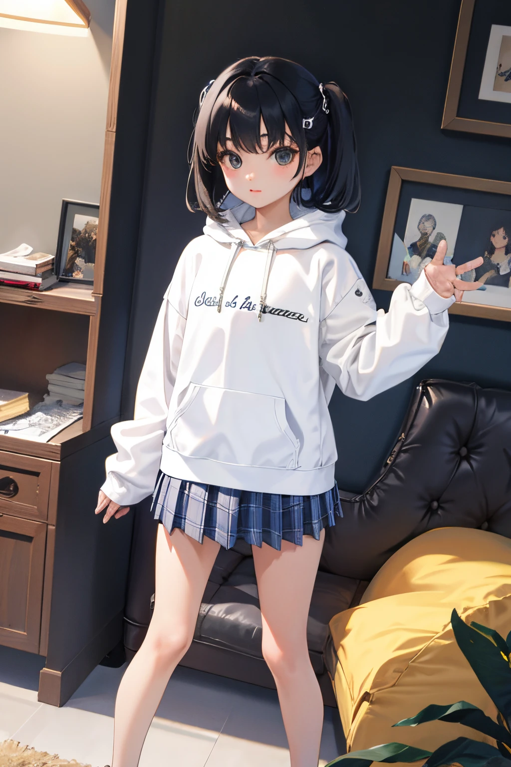 open one's legs,child,(masterpiece,Highest Quality),Navy Light Hoodie,plaid skirts,A dark-haired,Twin-tailed