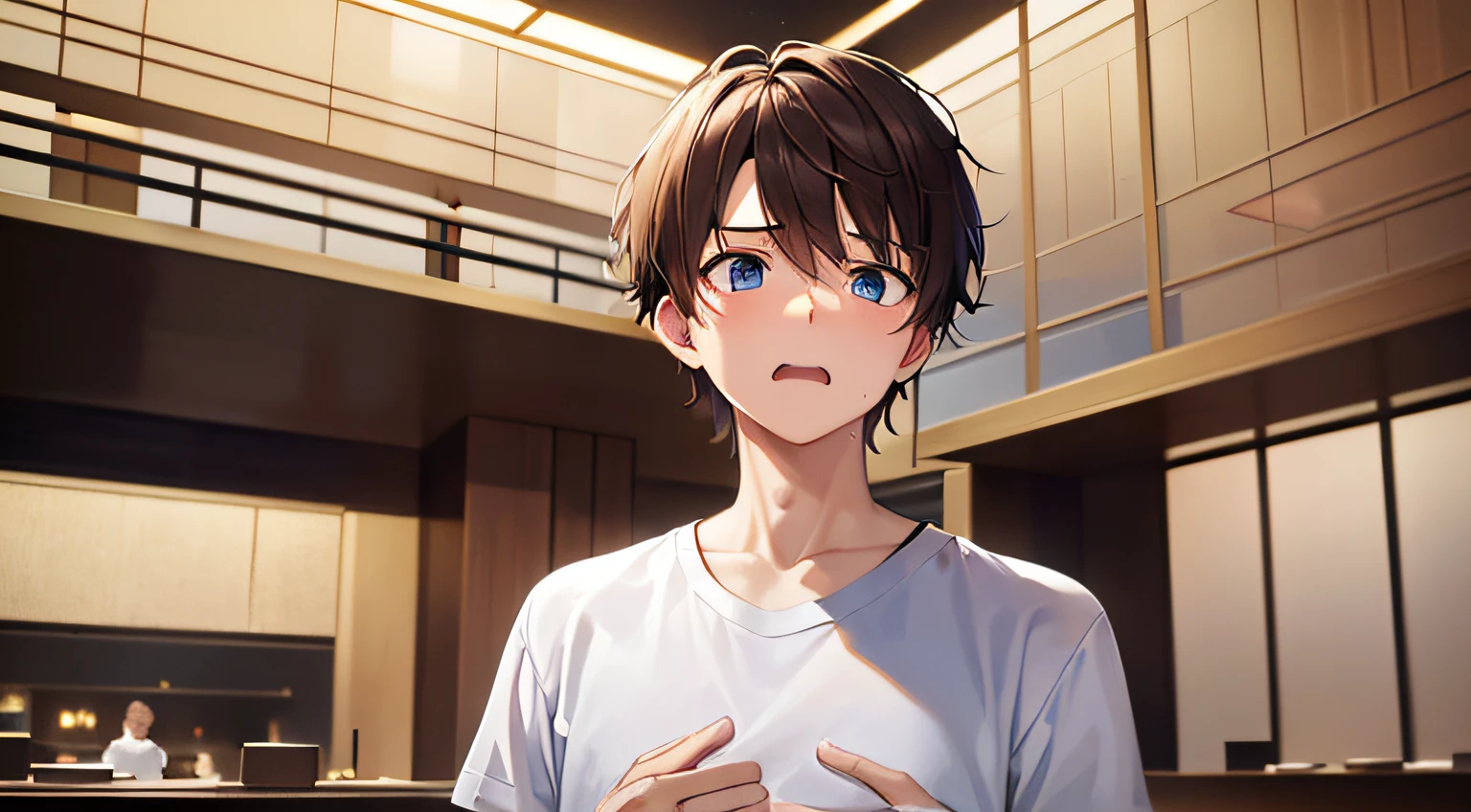 ​masterpiece、hightquality、25 year old man with short brown hair and blue eyes、Like a cartoon in Japan、wearing white t-shirts、(Alone:1.5)、(Embarrassed and surprised expression:1.1)、(Only the upper body is shown.:1.3)、(up of face:1.1)、Hands raised、The background is the interior of a luxury restaurant at night.、Eating、Bold composition、