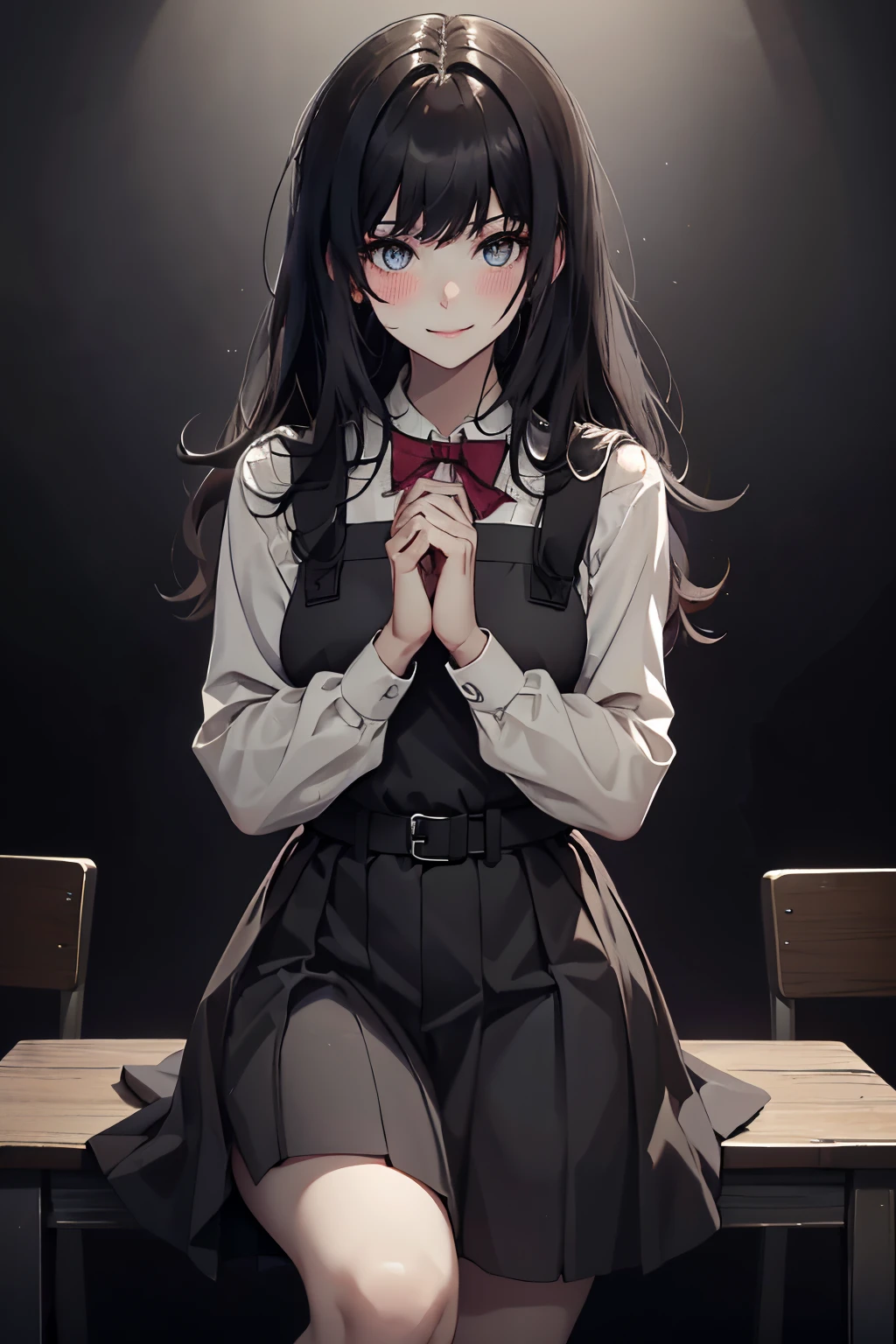 ((masterpiece,best quality)), highres, extremely detailed 8K wallpaper, depth_of_field, best shadow, (Colorful),(Delicate eyes and face), Perfect hands, (ambient soft lighting), Ray tracing, BREAK
(1girl), touko, long hair, black hair, gray eyes, slender, skinny, medium breasts, bangs, (full-face blush), slender, skinny, best smile, BREAK,
standing, perfect hands, BPD,((black pinafore dress)),long skirt,red bowtie,belt, BREAK,
Cowboy Shots and knee, school, classroom, (((night time))), ((dark backgrounds:1.6)),