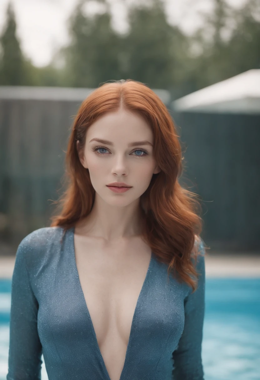 in a pool, colorful effects in the background, office attire, blue bodysuit, flowing hair, light grey eyes, thin waist, beautiful redhead, flowing, (masterpiece), ((highest quality)), (super detailed), woman 23 years old, clean and detailed face, textile shading, perfect anatomy, swimming