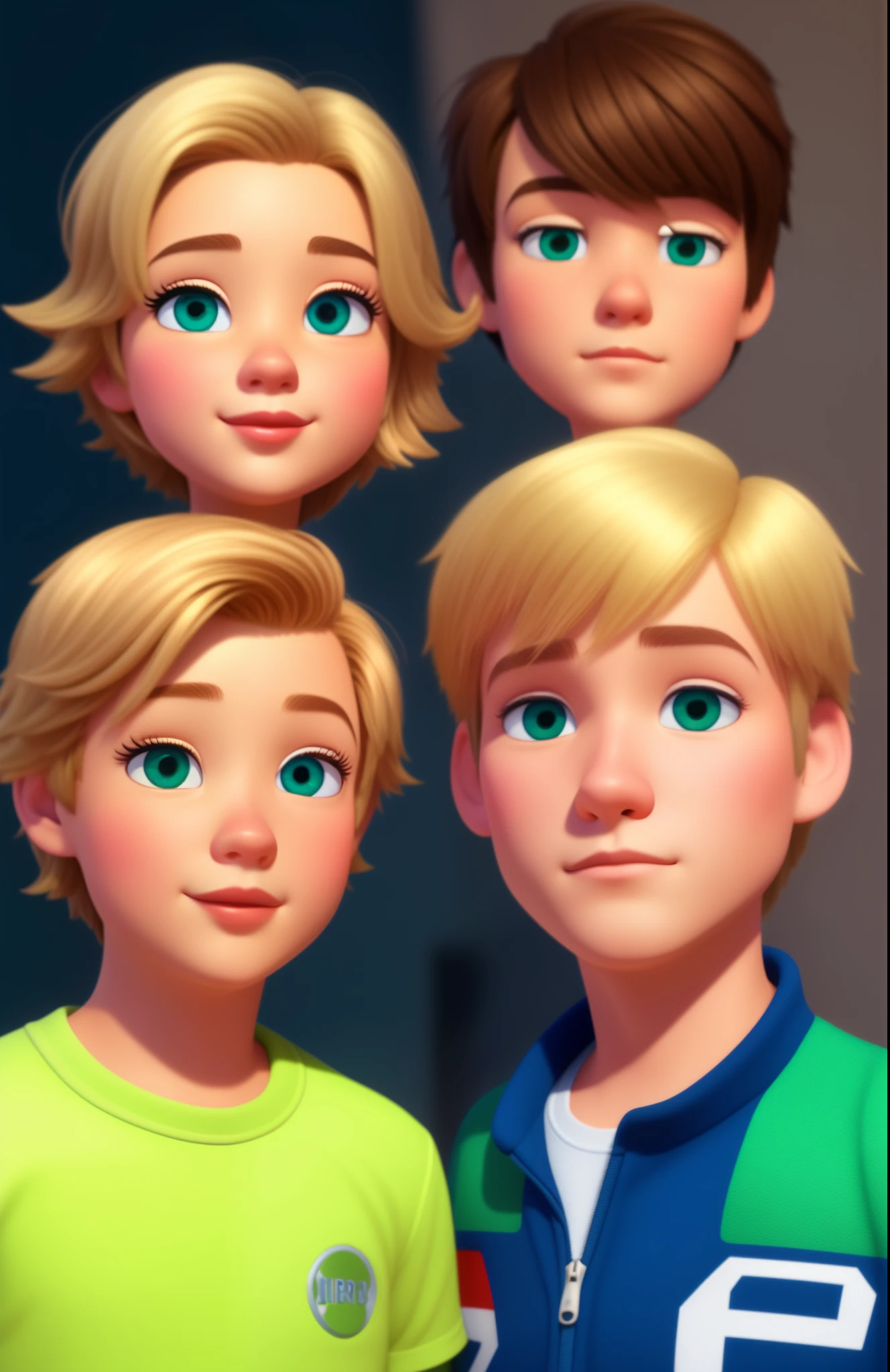 Disney Pixar picture of two friends. One of them is a girl with short masculine middle part, blonde, green eyes and wearing masculine clothes. The other one is a boy with middle length blonde hair, blue eyes and short. 3D picture
